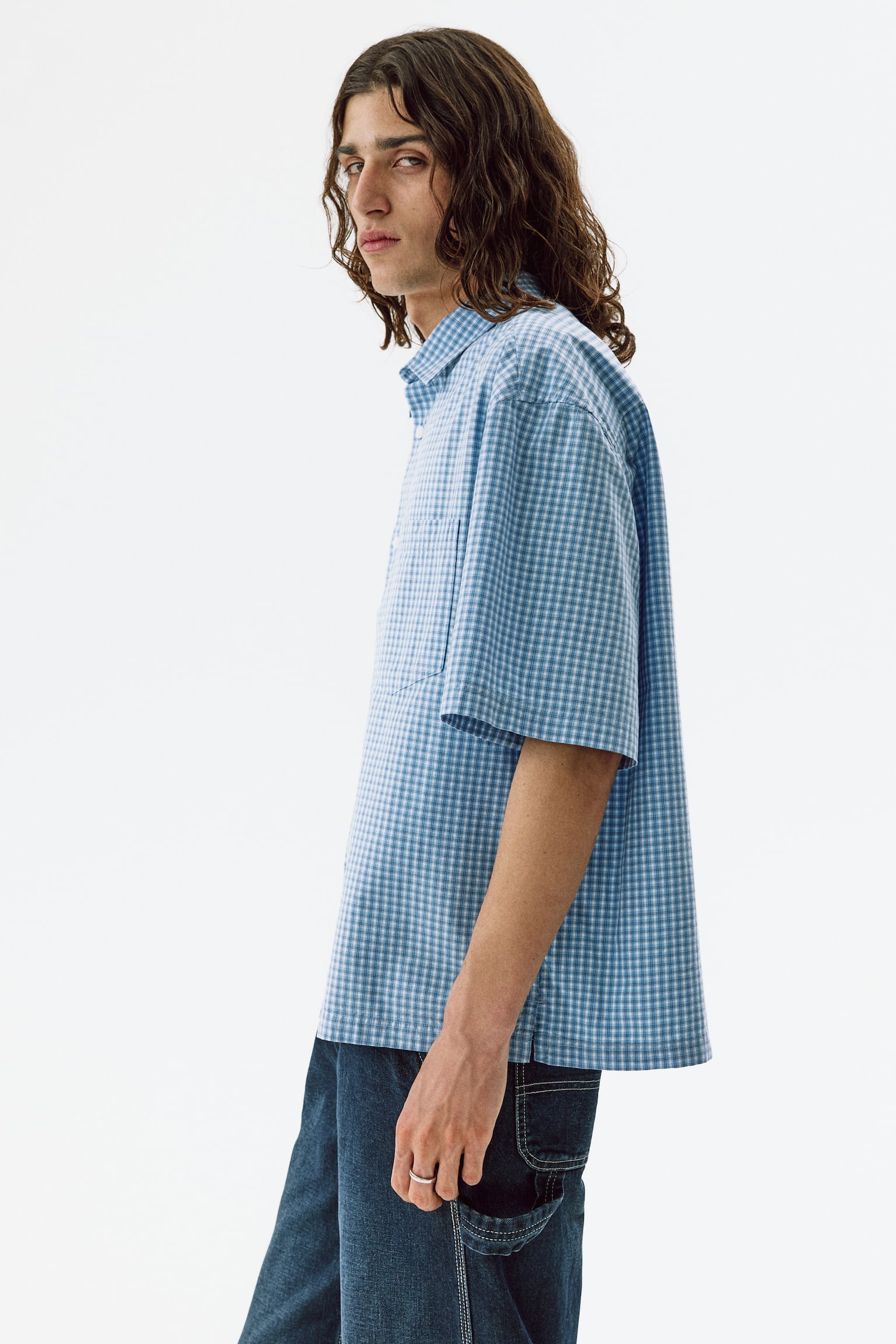 Мужская рубашка H&M Relaxed-Fit Cotton, цвет: Светлый синий / Клетчатый — фото 6