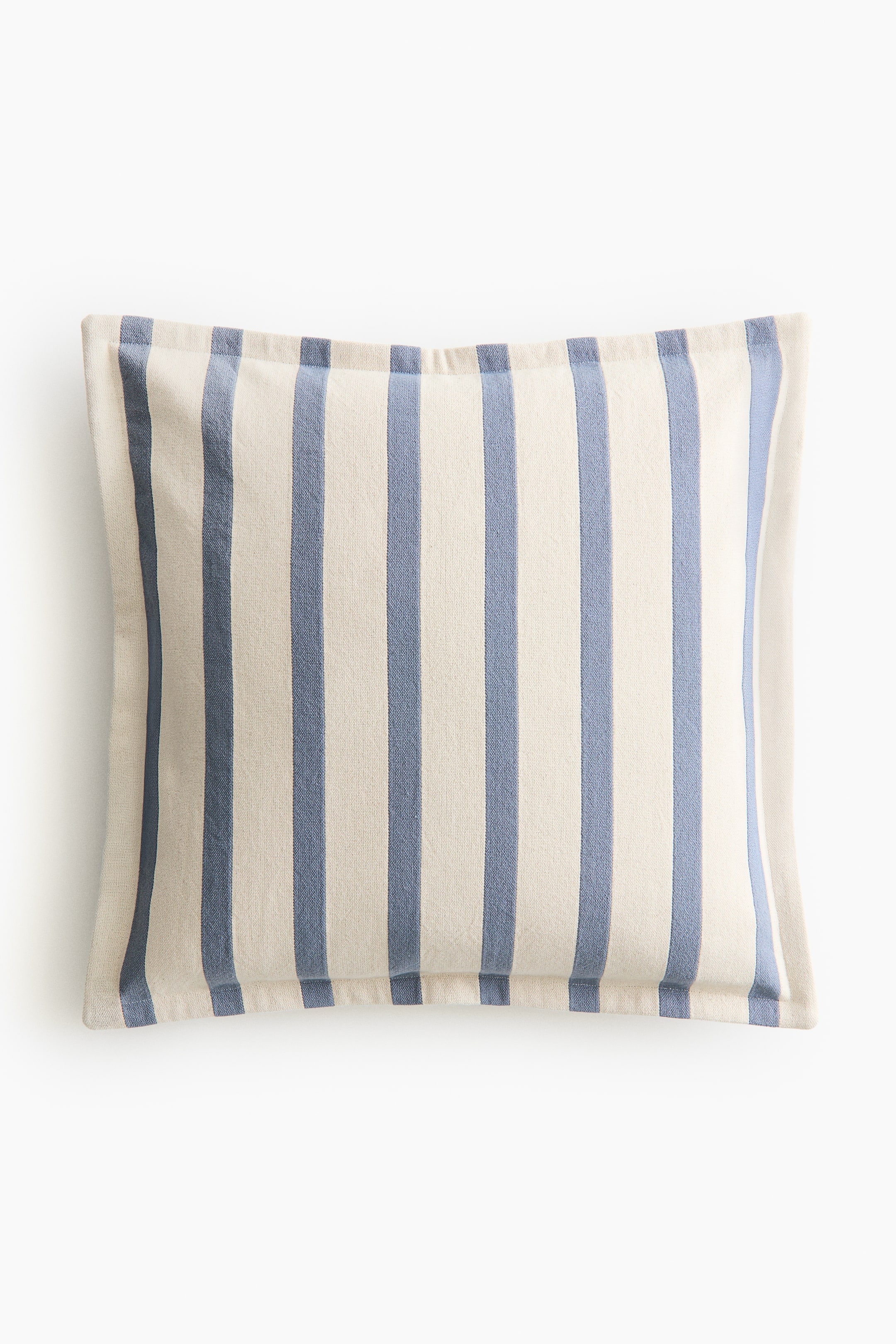 View larger image: The rectangular pillow faces forward, showcasing vertical blue and off-white stripes. A narrow flanged edge frames its perimeter.