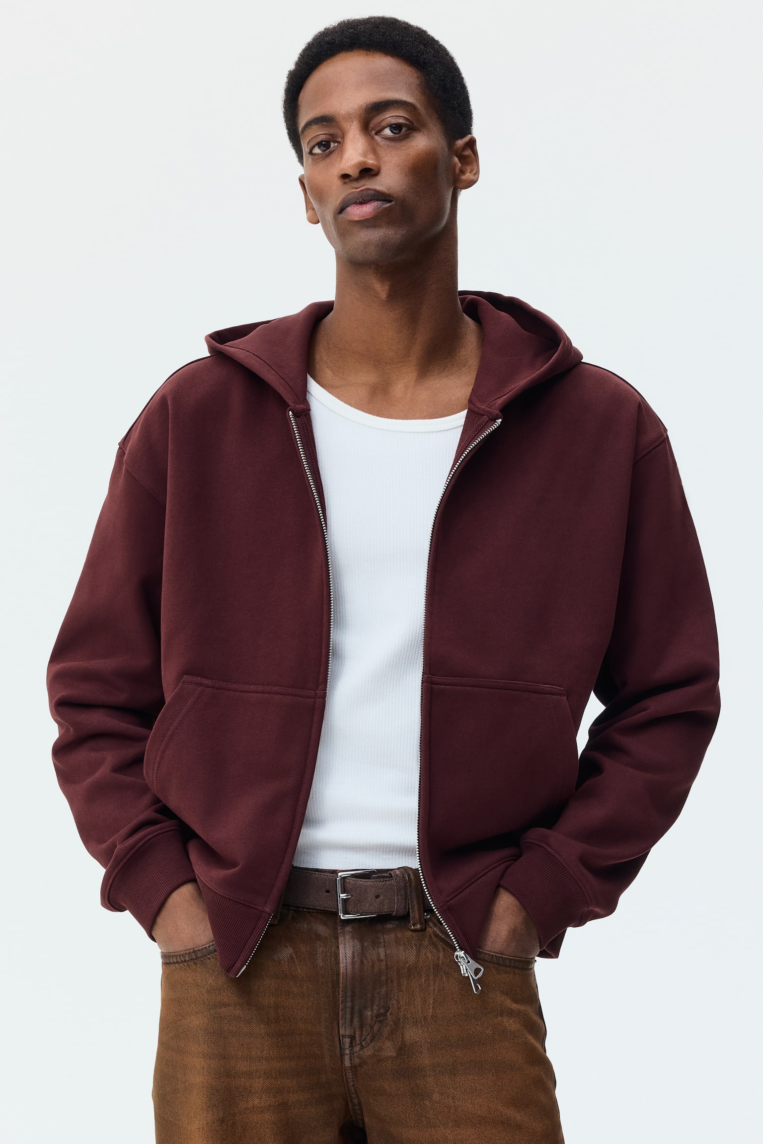 Loose Fit Boxy-style zip-through hoodie - Burgundy/Black/Blue/Grey marl/Beige - 1