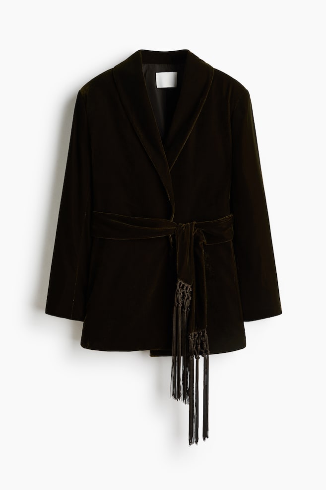 Velvet Jacket with Belt - Dark khaki green - 1