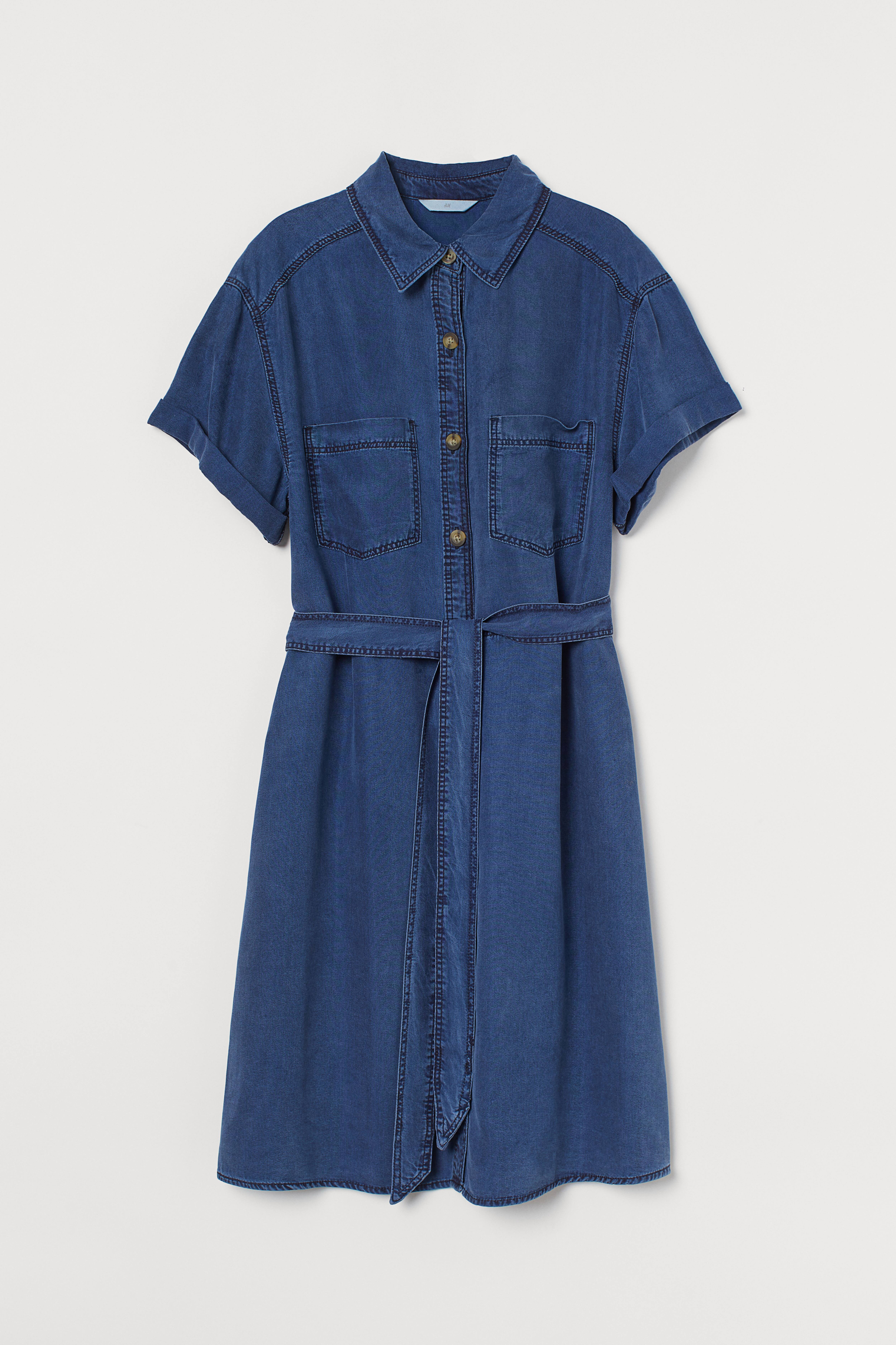 Lyocell Shirt Dress - Short sleeve - Short - Dark denim blue - Ladies | H&M  US