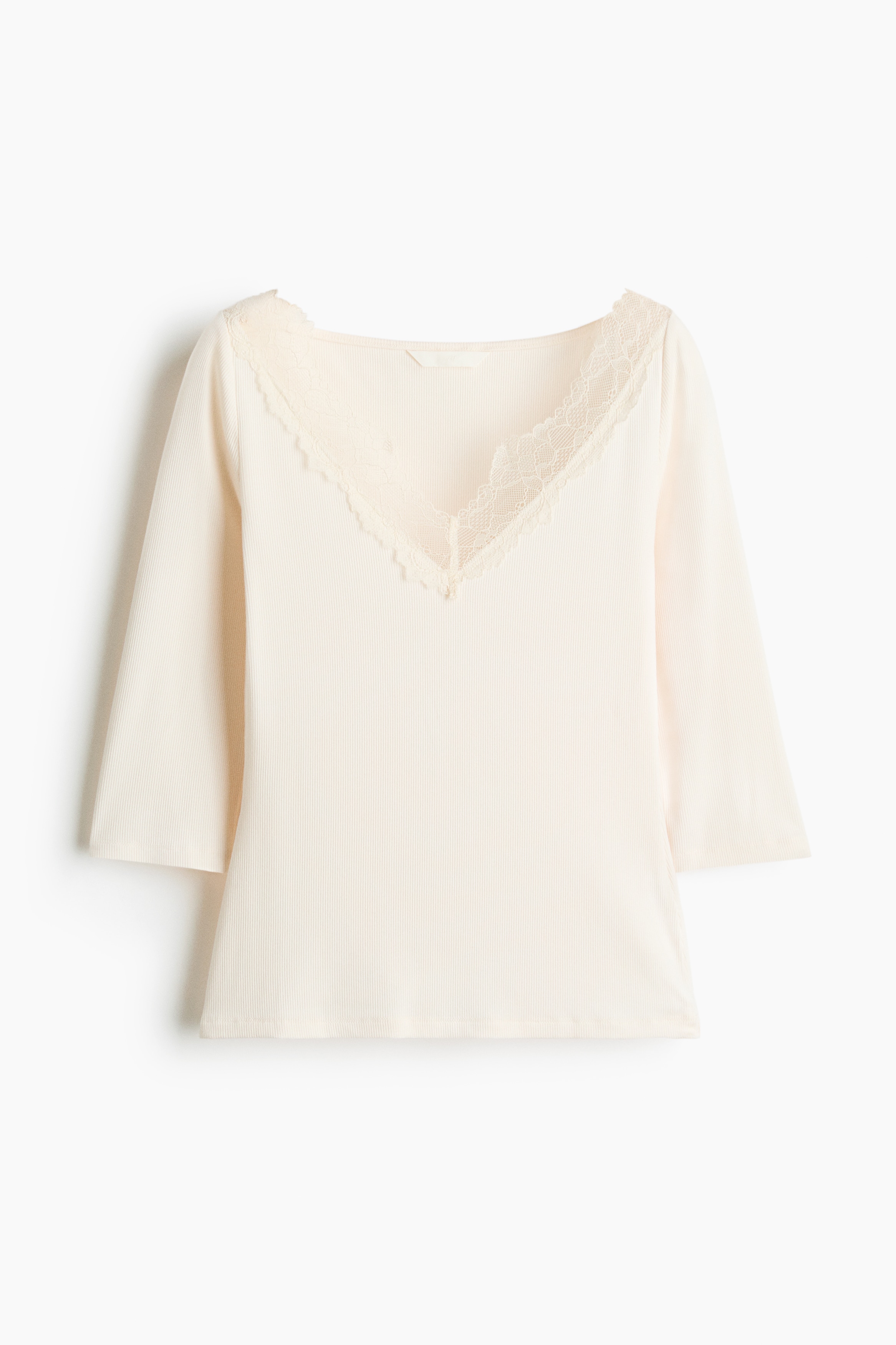 Lace Trim Rib Knit Top - Cream/Brown/Black