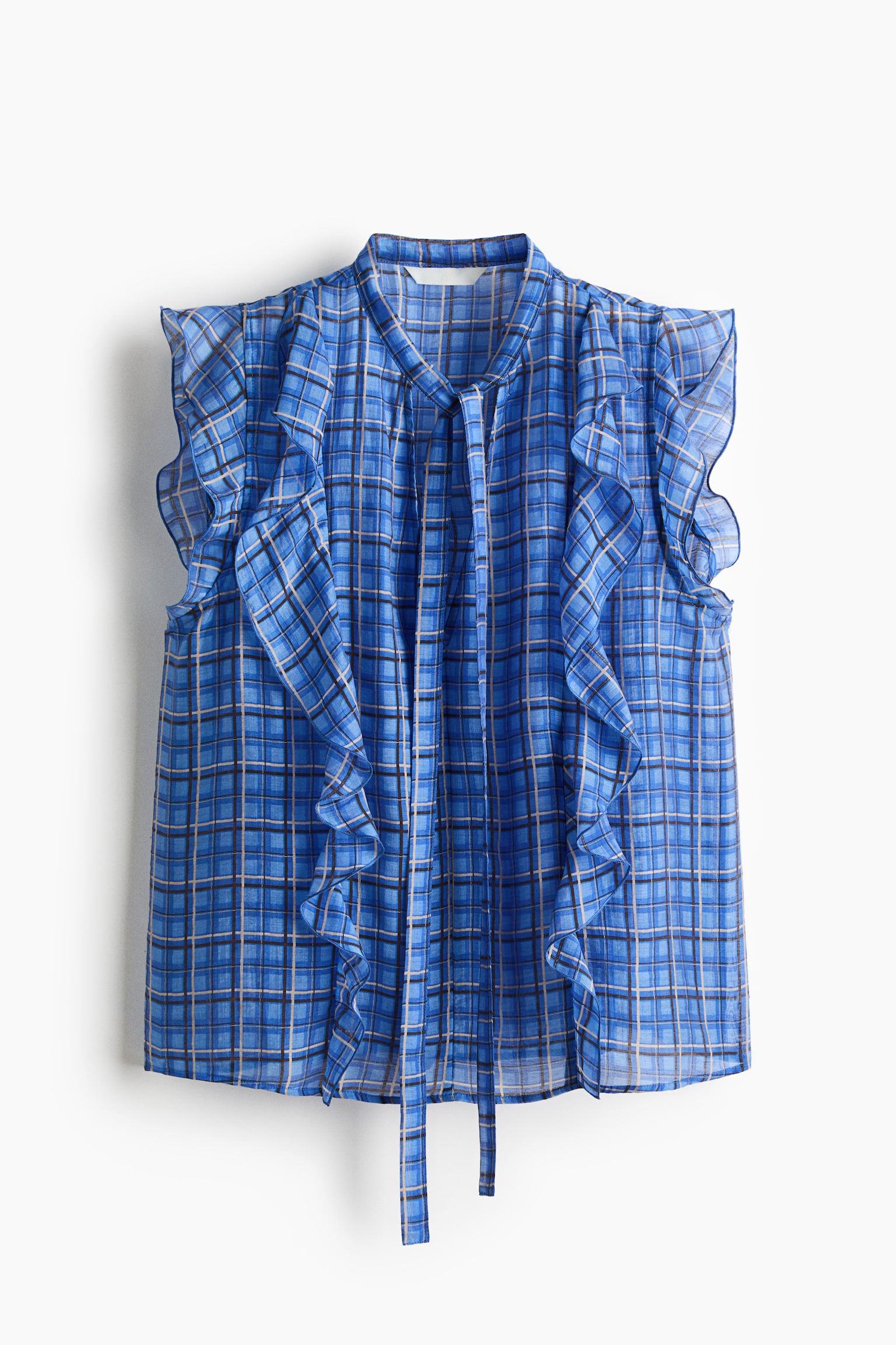 Blouse à volant avec col cravate - Bleu/carreaux/Rose/Crème/pois - 1