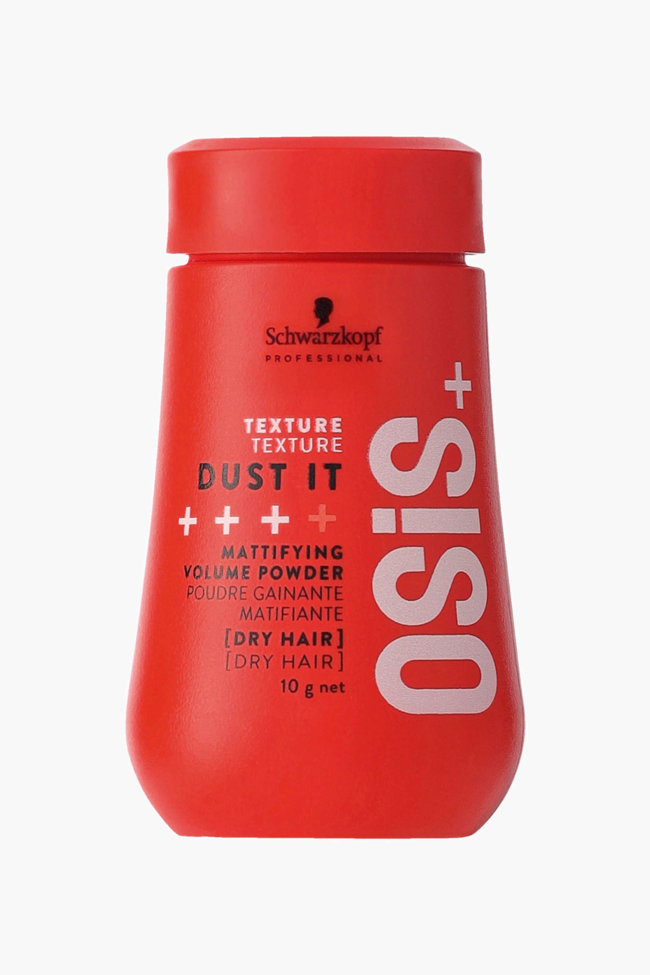 Visa större bild: OSiS+ Dust It Mattifying Volume Powder visas i en frontvänd vy och har en klarröd, avsmalnande flaska med matchande rött lock. Flaskan visar svart och vit produktinformation, inklusive Schwarzkopf Professional-logotypen, texten ”DUST IT” samt en stor, vertikal ”OSiS+”-logotyp i ljusrosa på högra sidan.