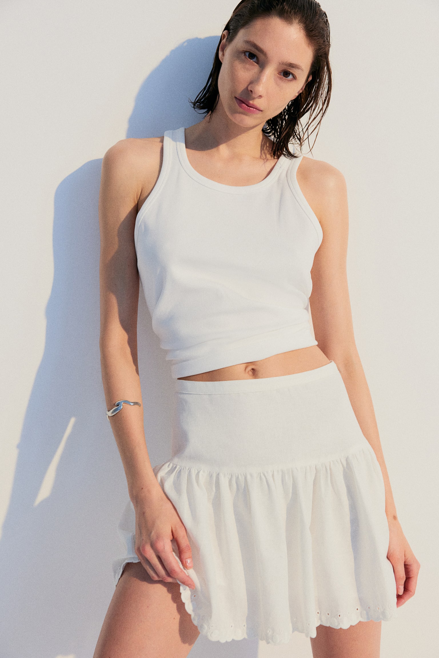 Linen-blend flared skirt - White - 1