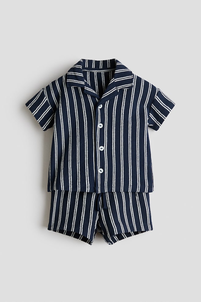 Ensemble 2 pièces en jersey de coton - Bleu marine/rayé/Bleu clair/voilier/Marron/palmiers/Beige clair/rayures bleues/Vert clair/poissons - 1
