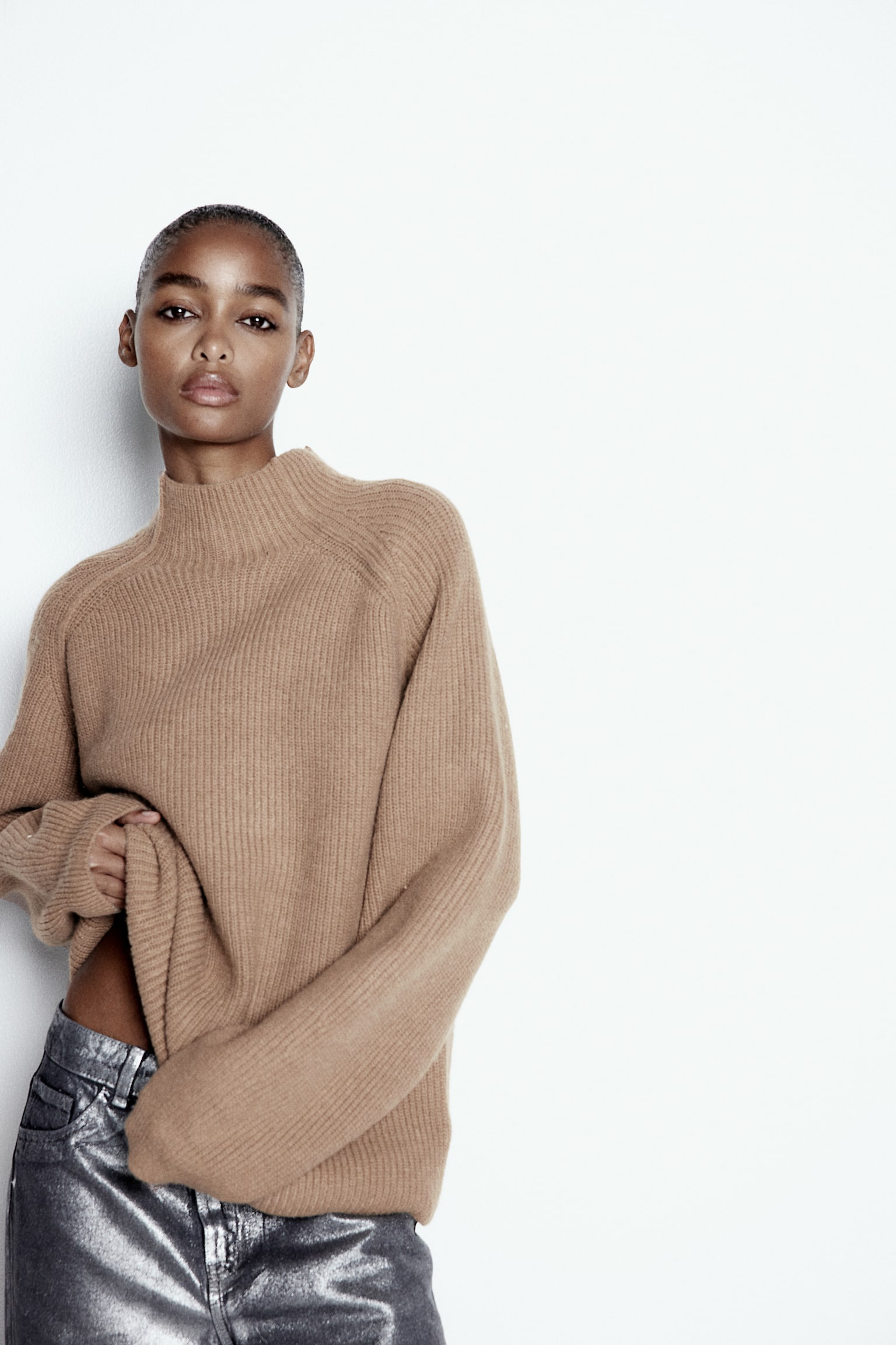 Rib-knit turtleneck jumper - Dark beige/Dark grey marl/Cream - 1