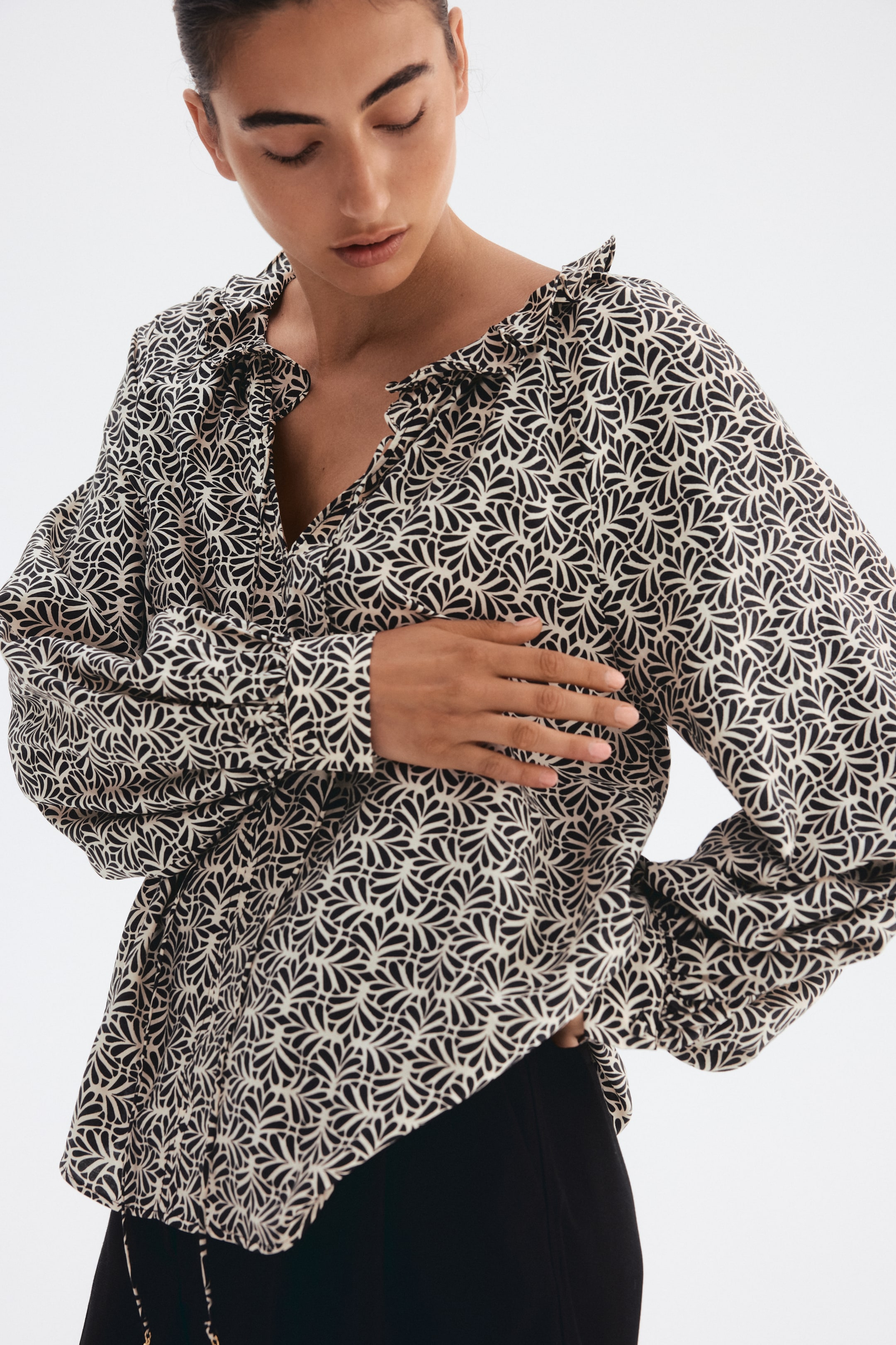 View larger image: Frill-collar blouse - Cream/Dark grey patterned - Ladies | H&M IN 3