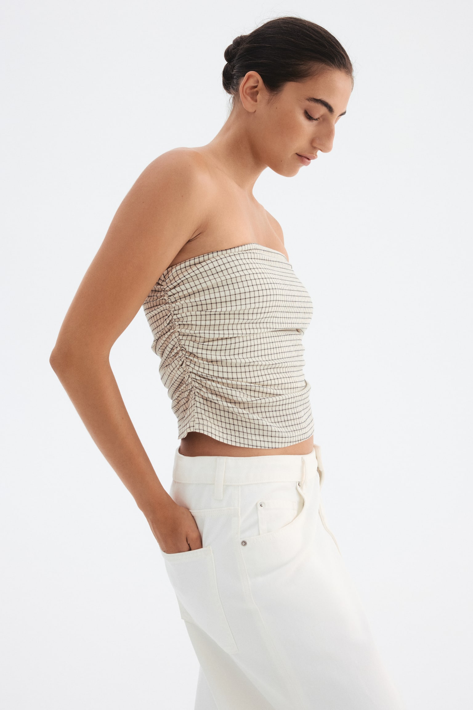 Gedrapeerde tubetop - Lichtbeige/geruit - 4