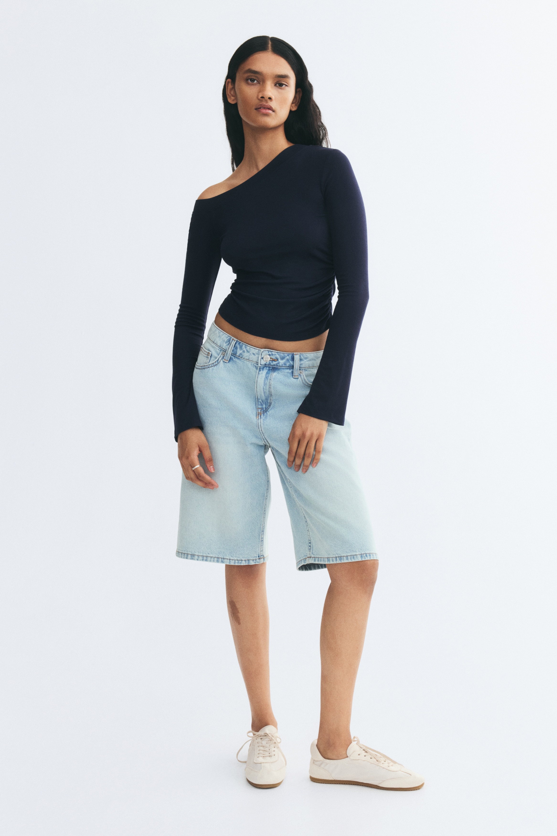 One-shoulder viscose top - Navy blue/Black/Cream/Dark brown