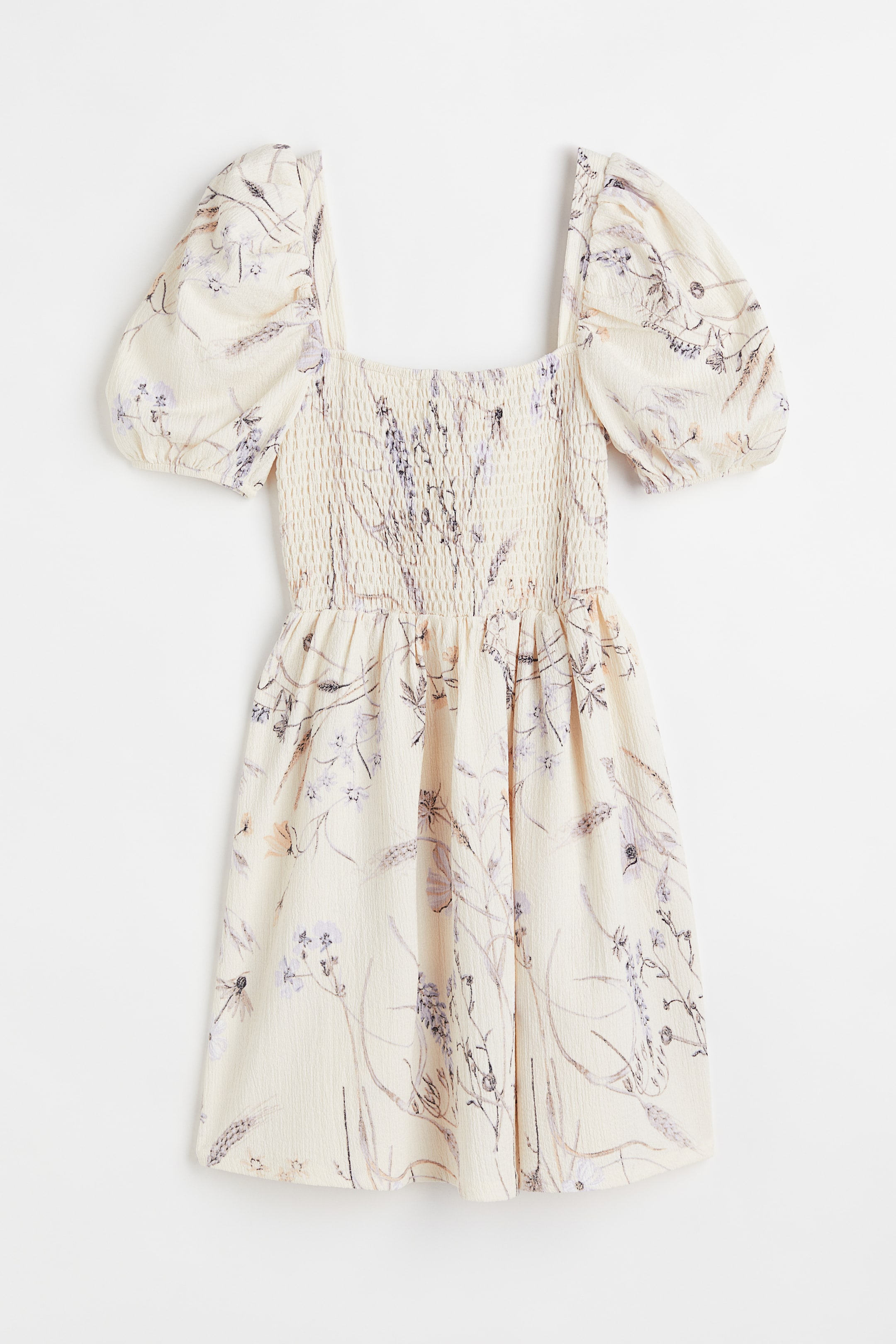 Smocking-detail dress - Cream/Floral - Ladies | H&M GB