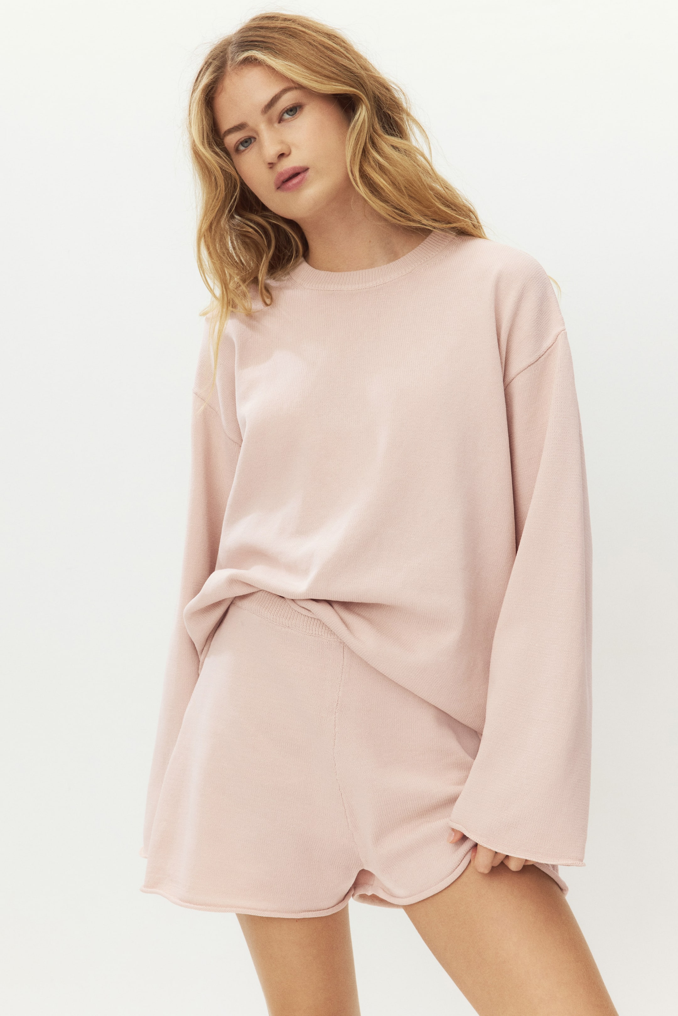 이미지 확대 보기: 롤 에지 니트 쇼츠 - 파우더 핑크 - 여성 | H&M KR 1