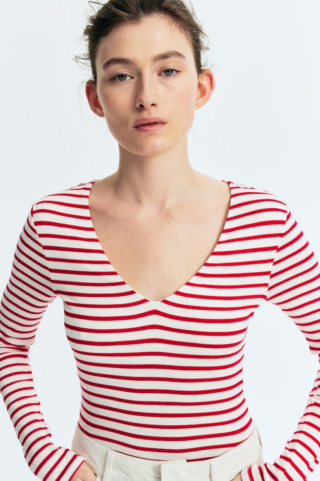 V-neck bodysuit - Red/Striped/Black/Cream/White/Striped - 1