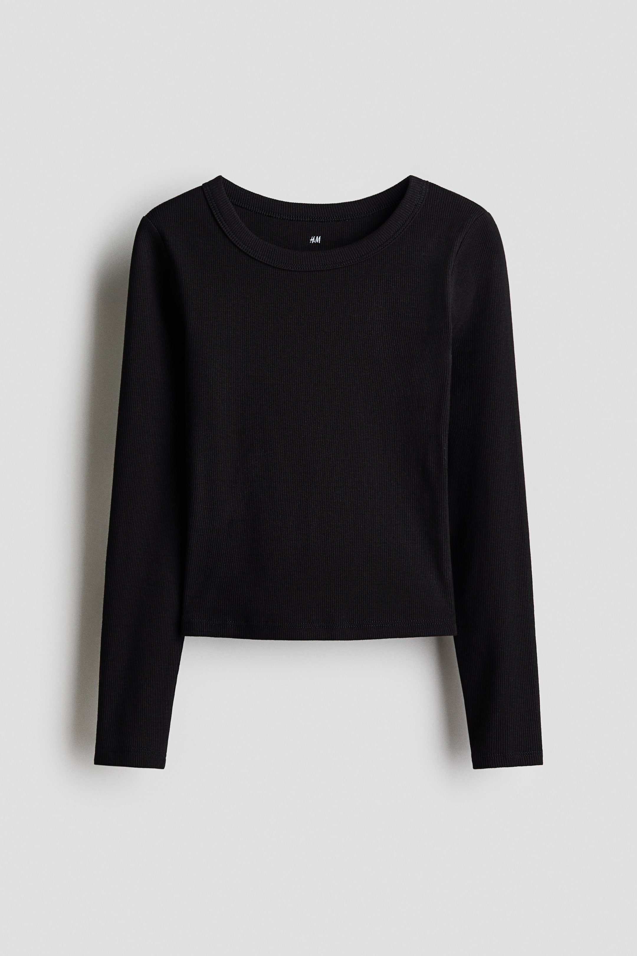 View larger image: A black long-sleeved top is shown from the front, featuring a ribbed texture, a round neckline and long sleeves. It is finished with a straight, cropped hem.