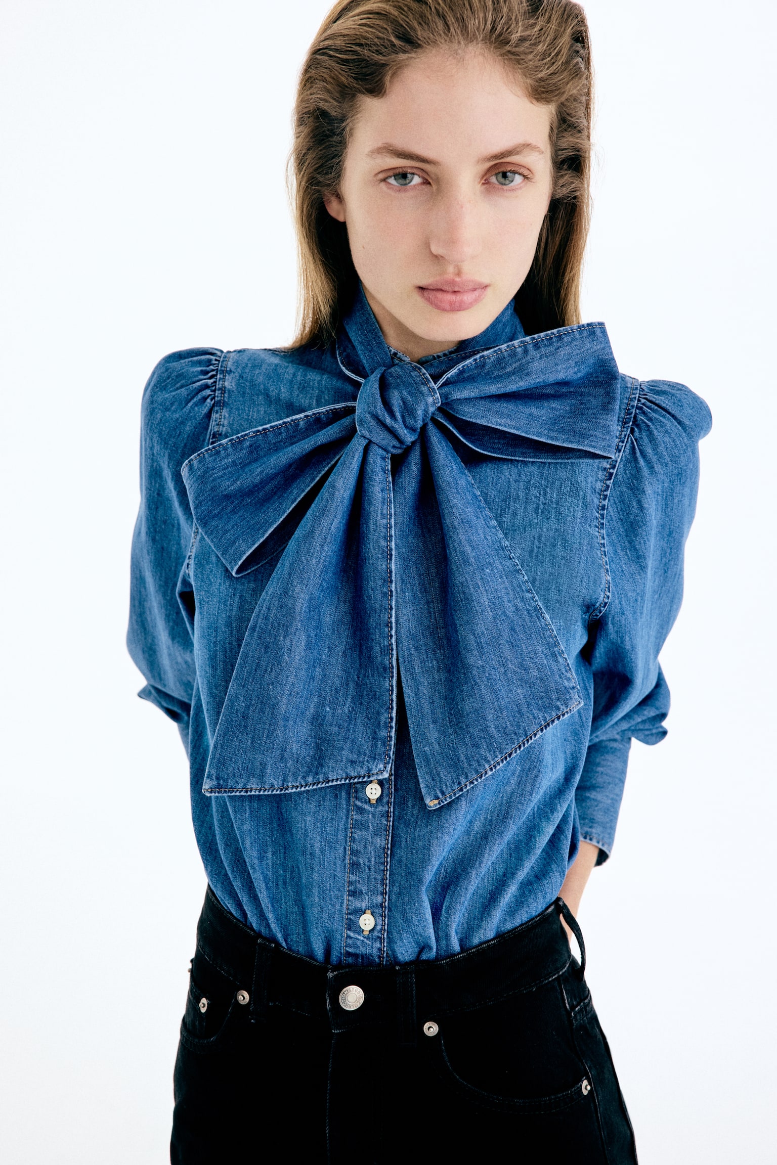 Blouse en denim avec écharpe - Bleu denim - 3