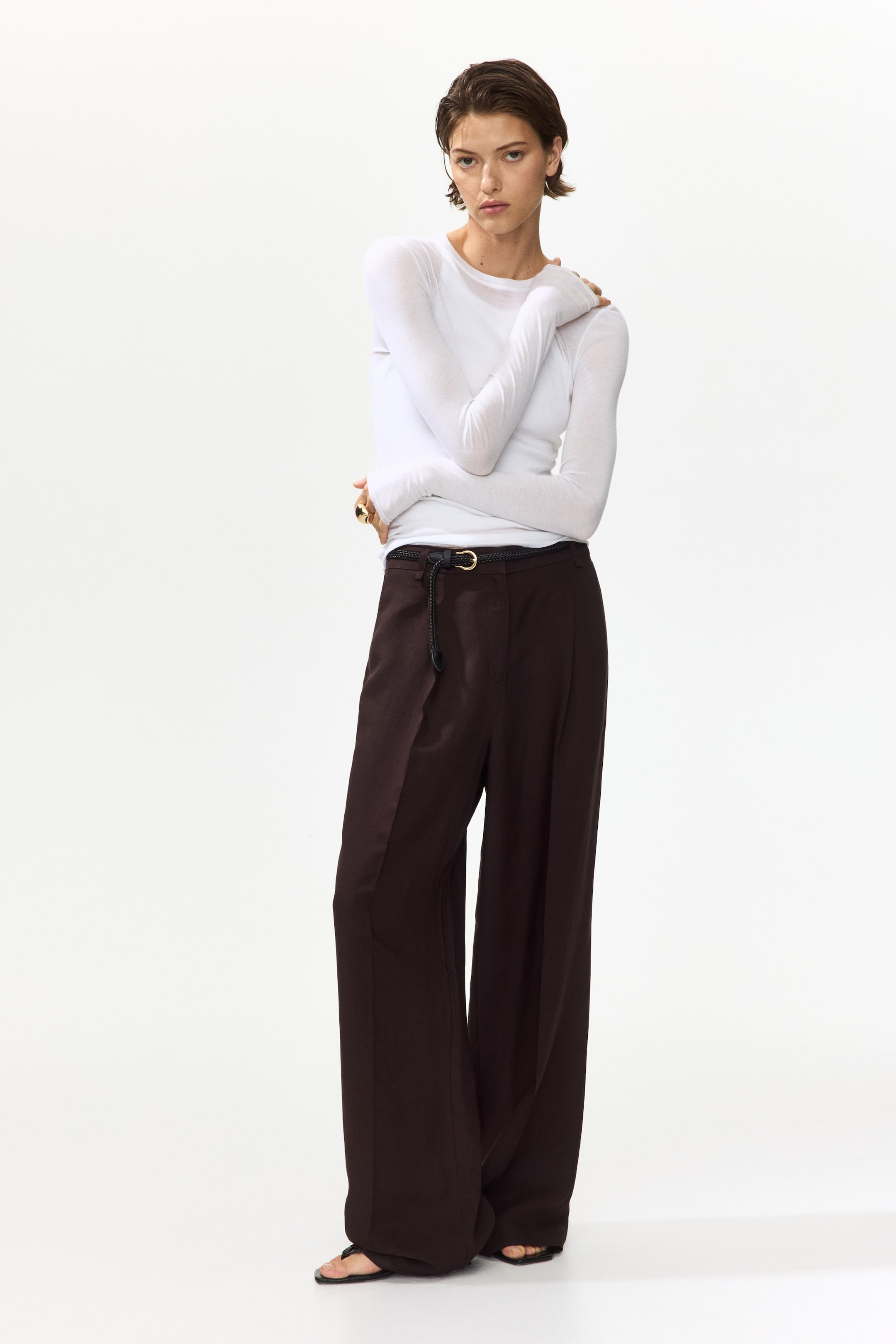 View larger image: Belted linen-blend trousers - Dark brown - Ladies | H&M IN 1