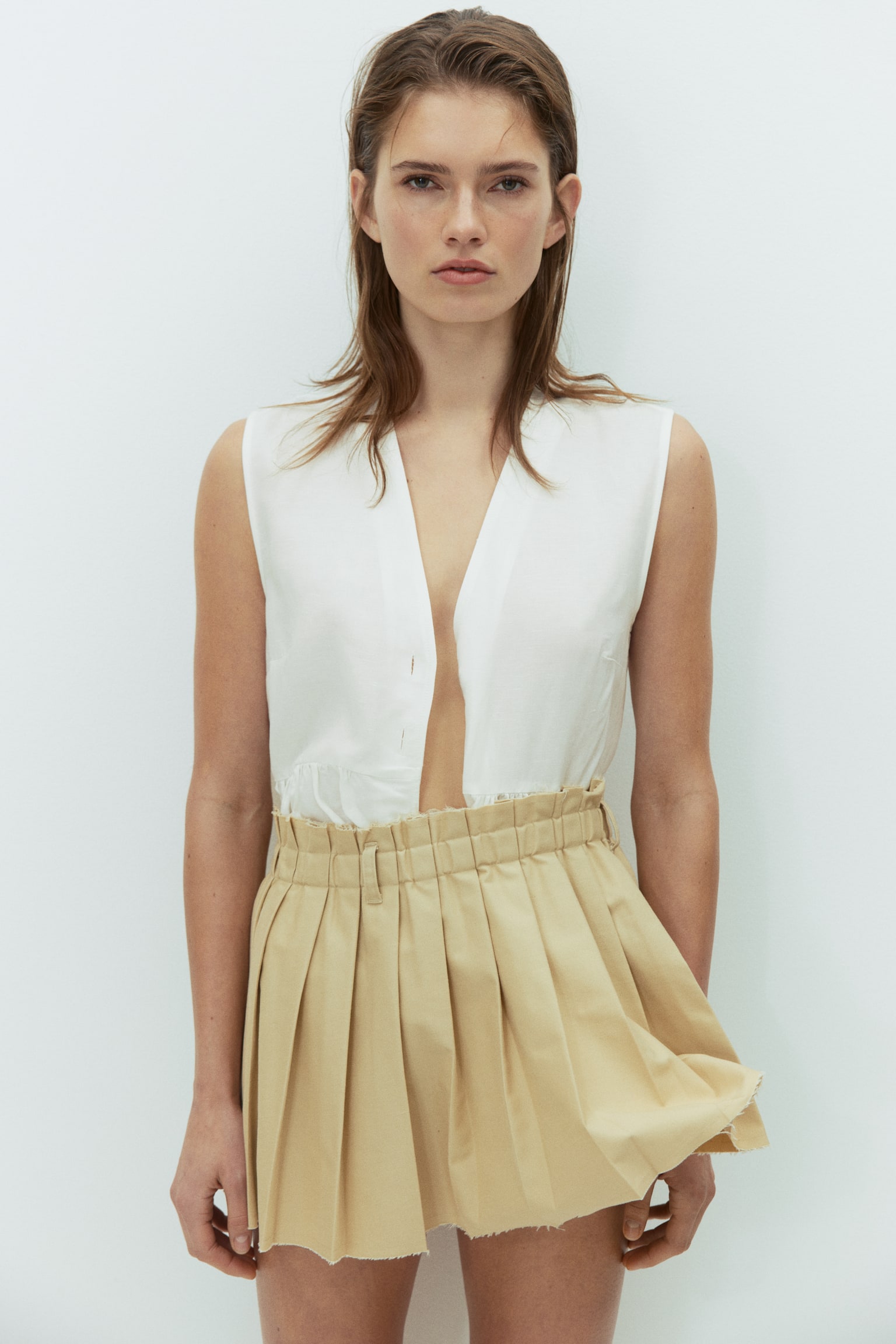 Linen-blend peplum top - White/Dark brown/Light yellow - 3