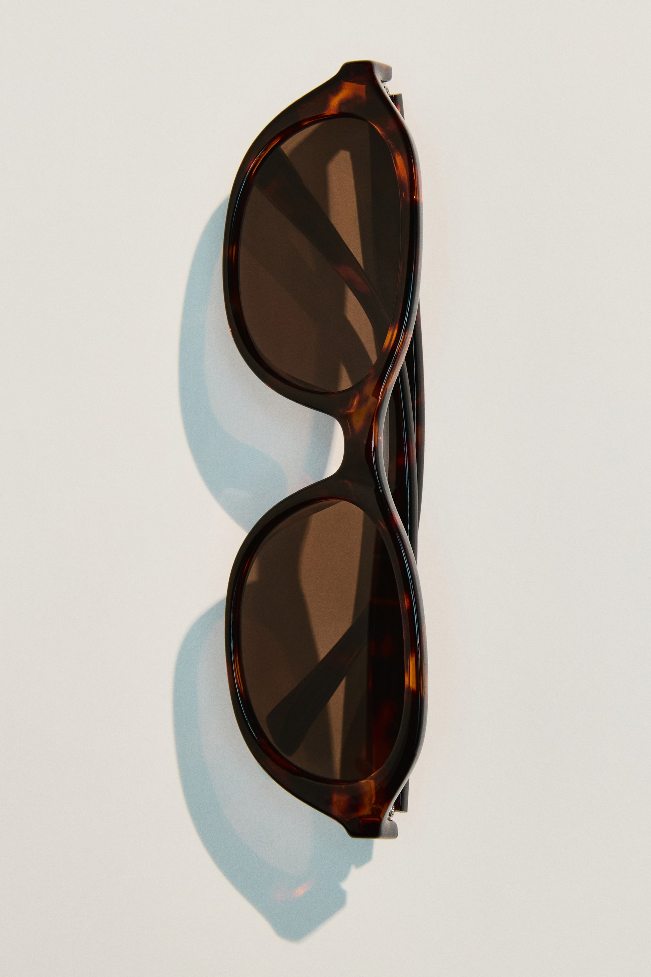 Ver imagen más grande: Las gafas de sol de carey están plegadas, mostrando sus lentes oscuras y patillas recogidas hacia adentro.