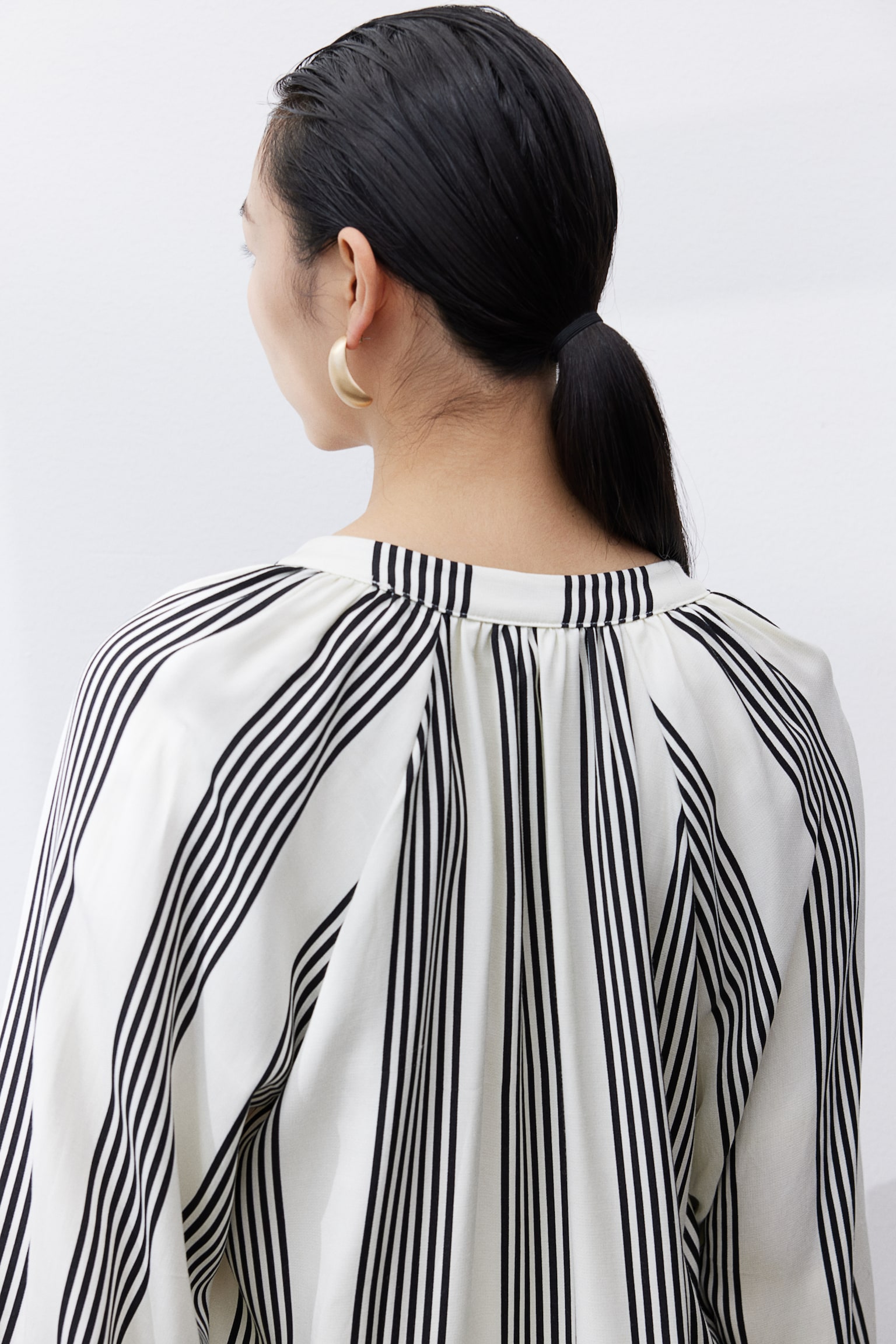 Balloon Sleeve Blouse - White/Stripe/Green/Pattern - 5