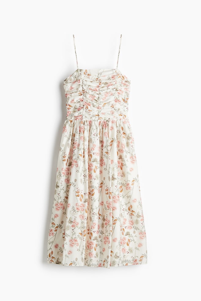 Smocked-bodice strappy dress - Cream/Floral/Burgundy - 1