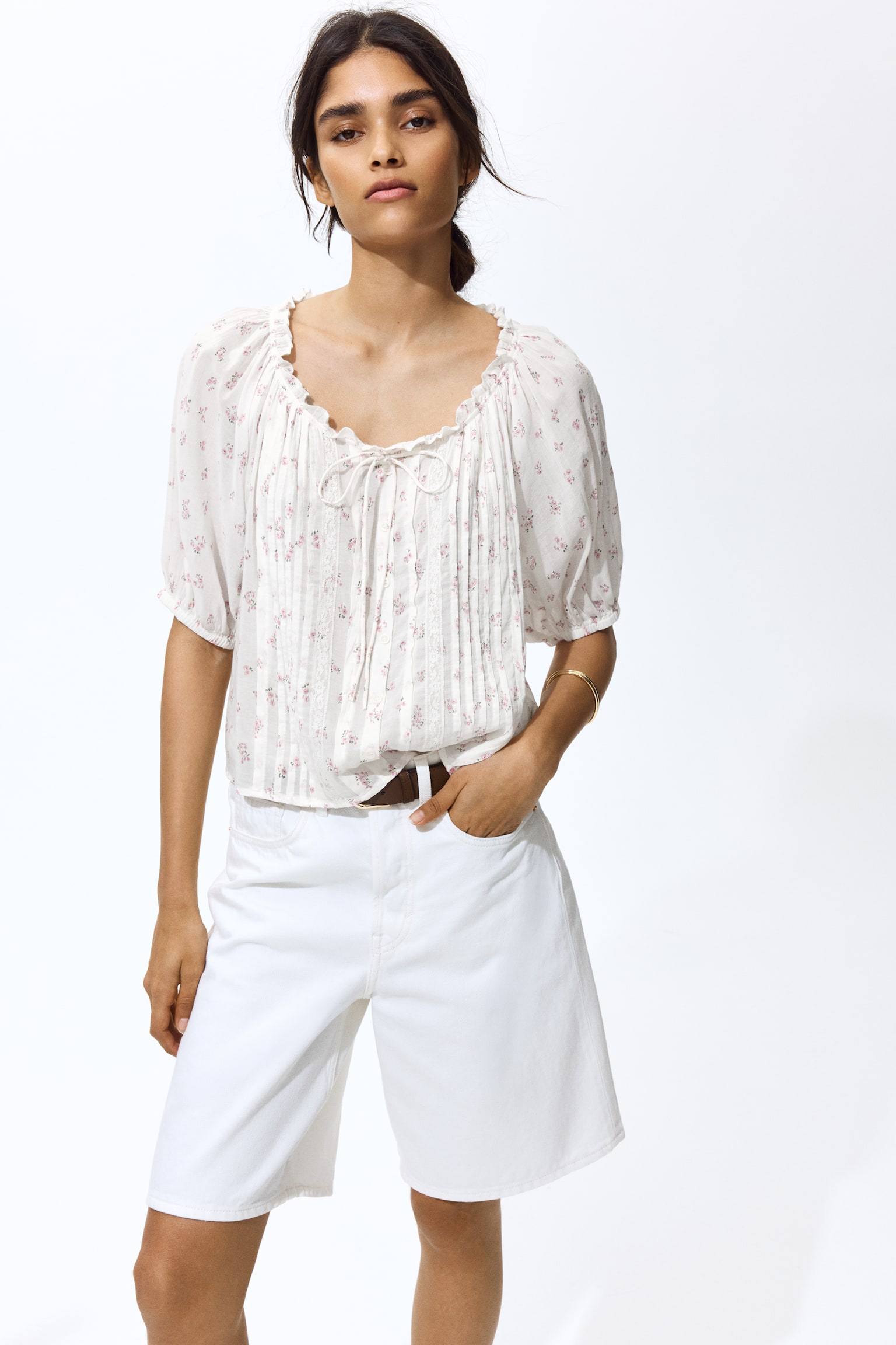 Pintucked blouse-White/Floral - 3