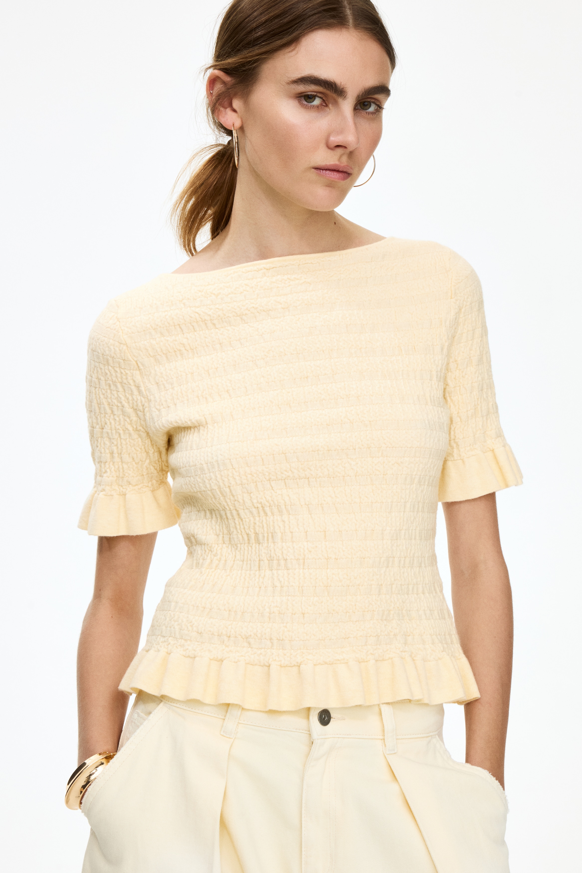 Textured-Knit Top-Light yellow