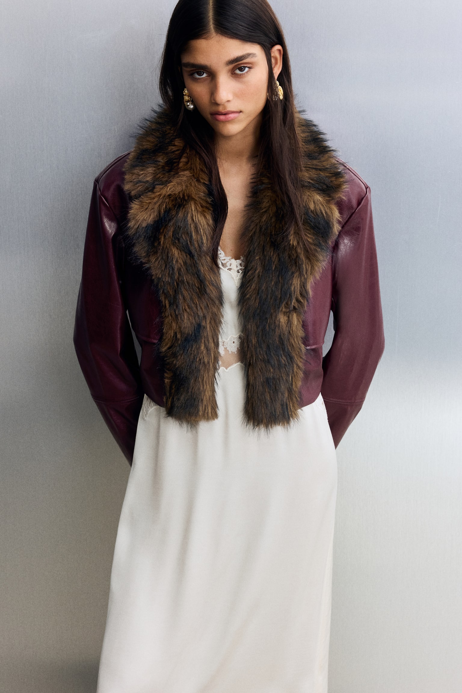 ז'קט קרופ עם ציפוי - בורדו/חום - 3