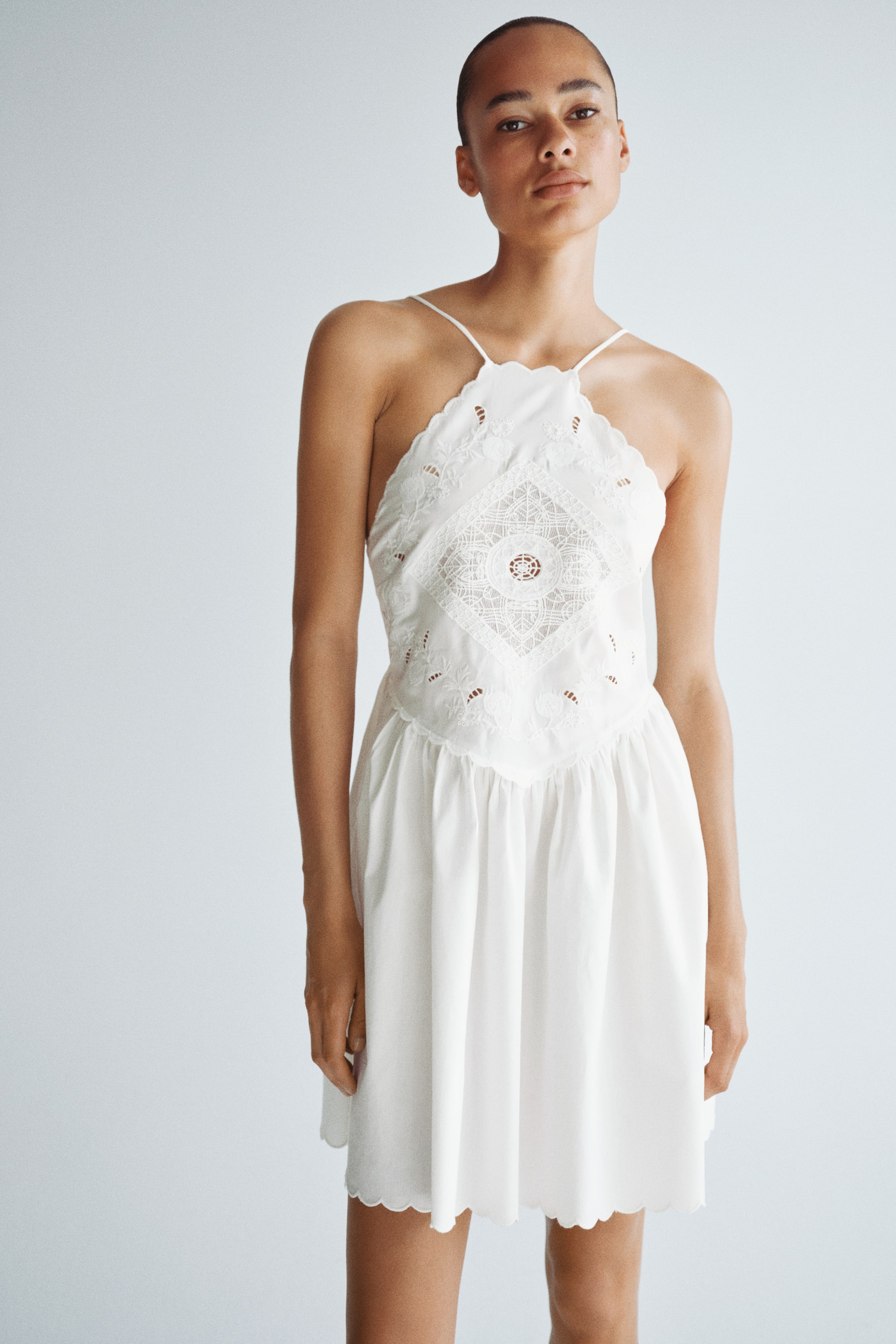 Flared-Skirt Dress with Eyelet Embroidery