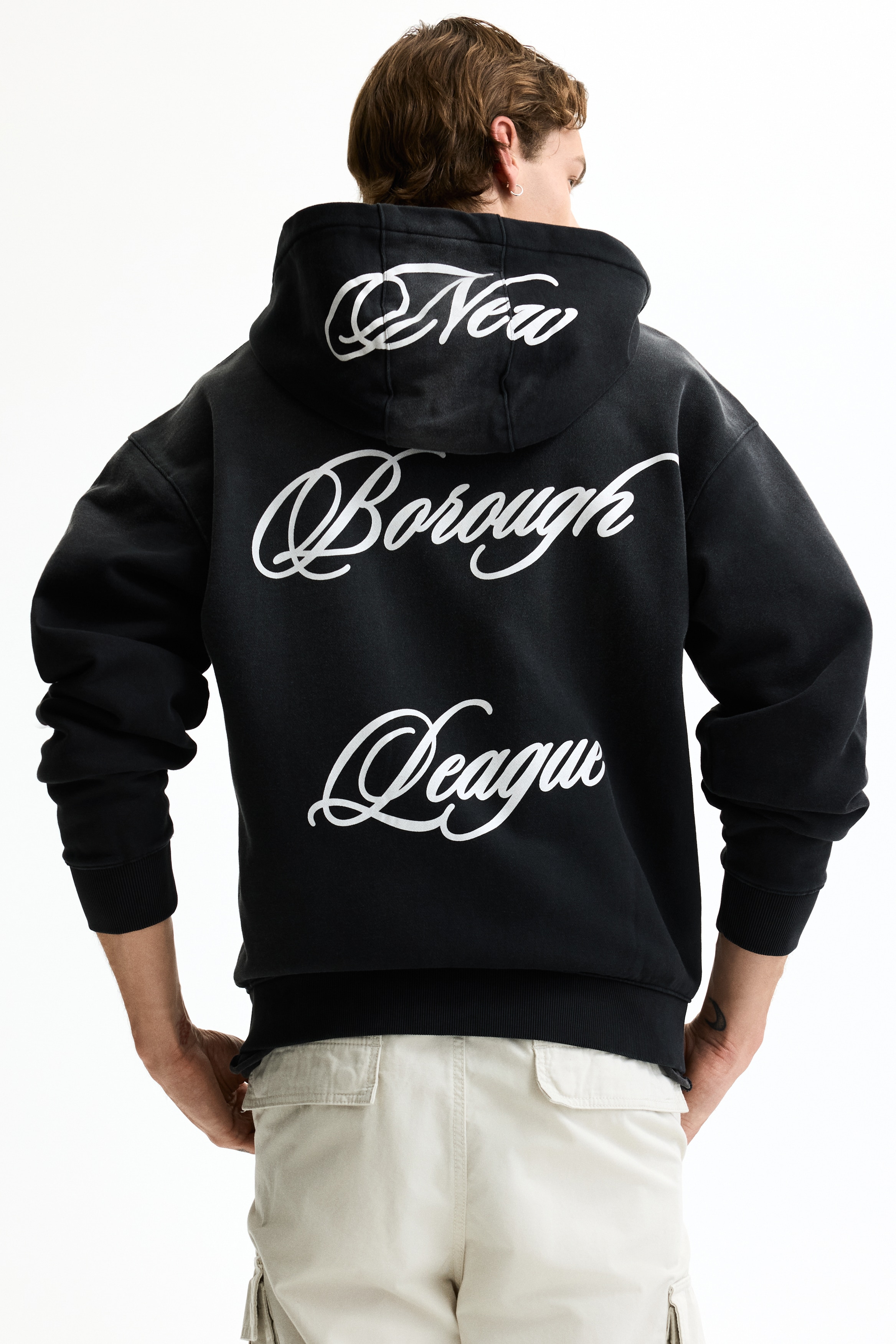 Men's Black/New Borough League Relaxed-Fit Printed Hooded Jacket