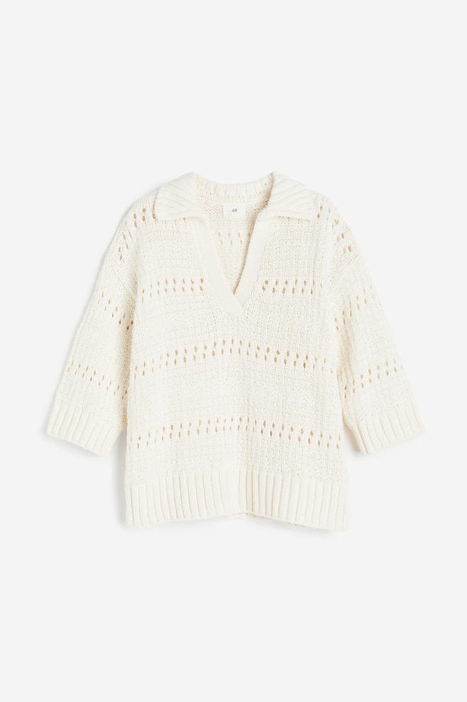 Pointelle-knit collared jumper - Cream/Light beige/Striped - 2