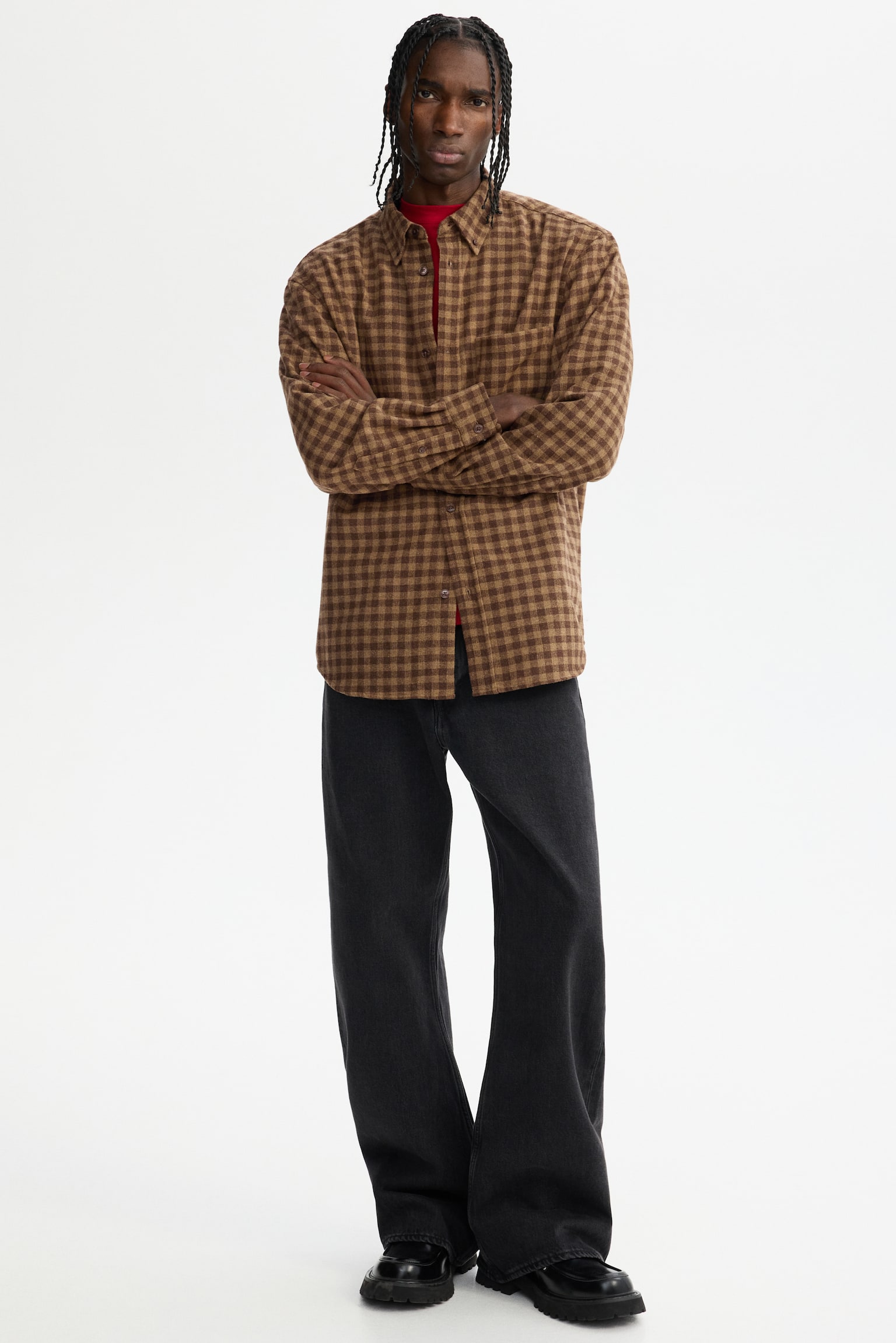 Relaxed Fit Wool-blend shirt - אפור עכבר כהה/משבצות - 6
