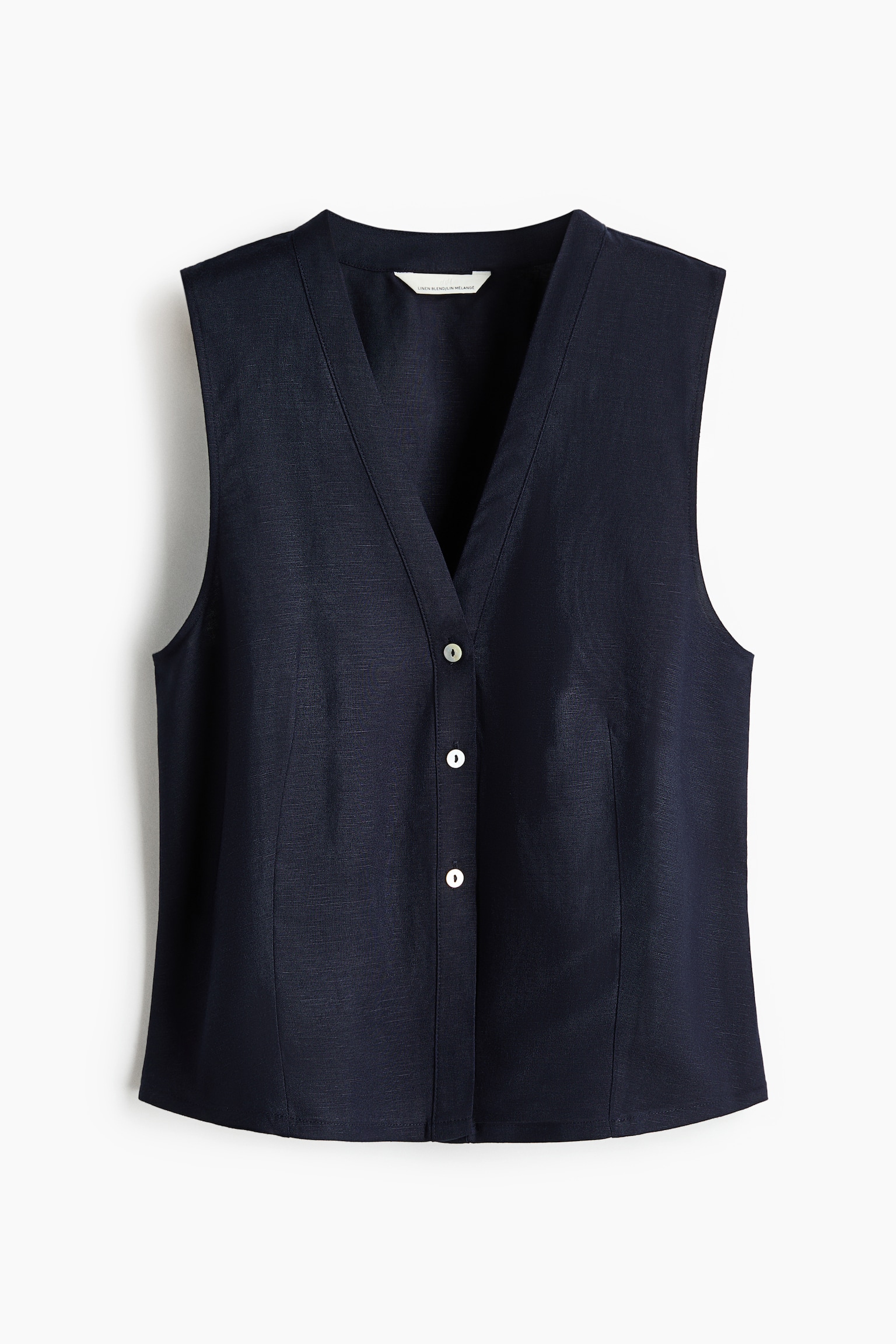 Sleeveless linen-blend shirt - Navy blue/Brown/White - 2