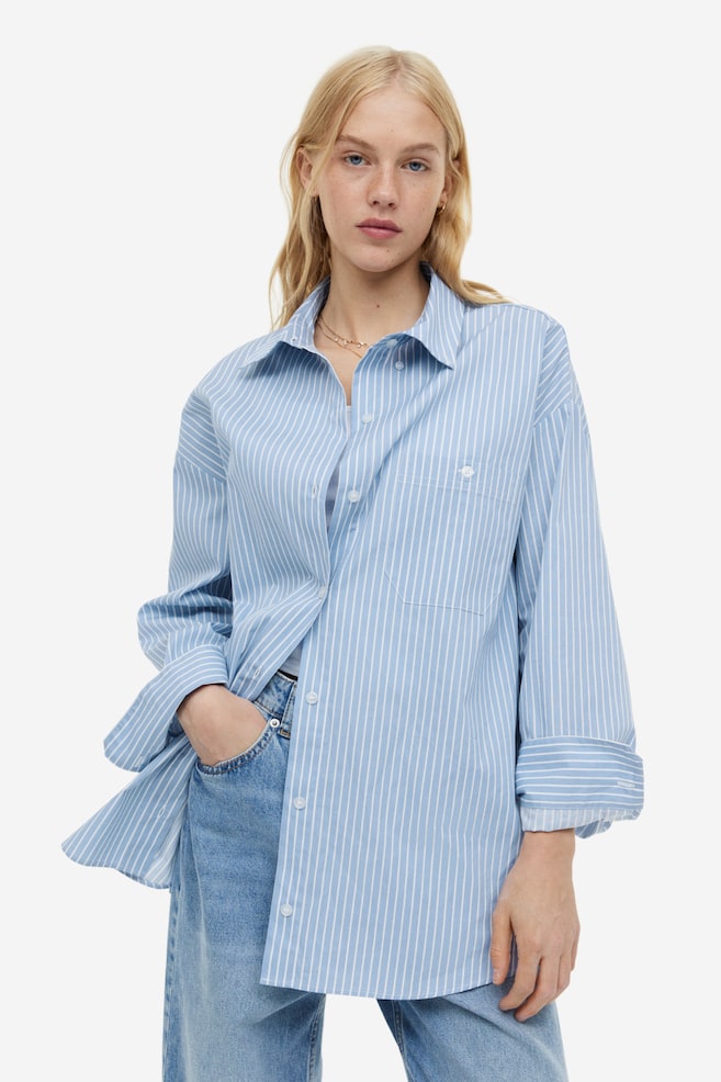 Oversized skjorte i poplin - Lys blå/Stripet/Sort/Hvit/Hvit/Stripet/dc - 3