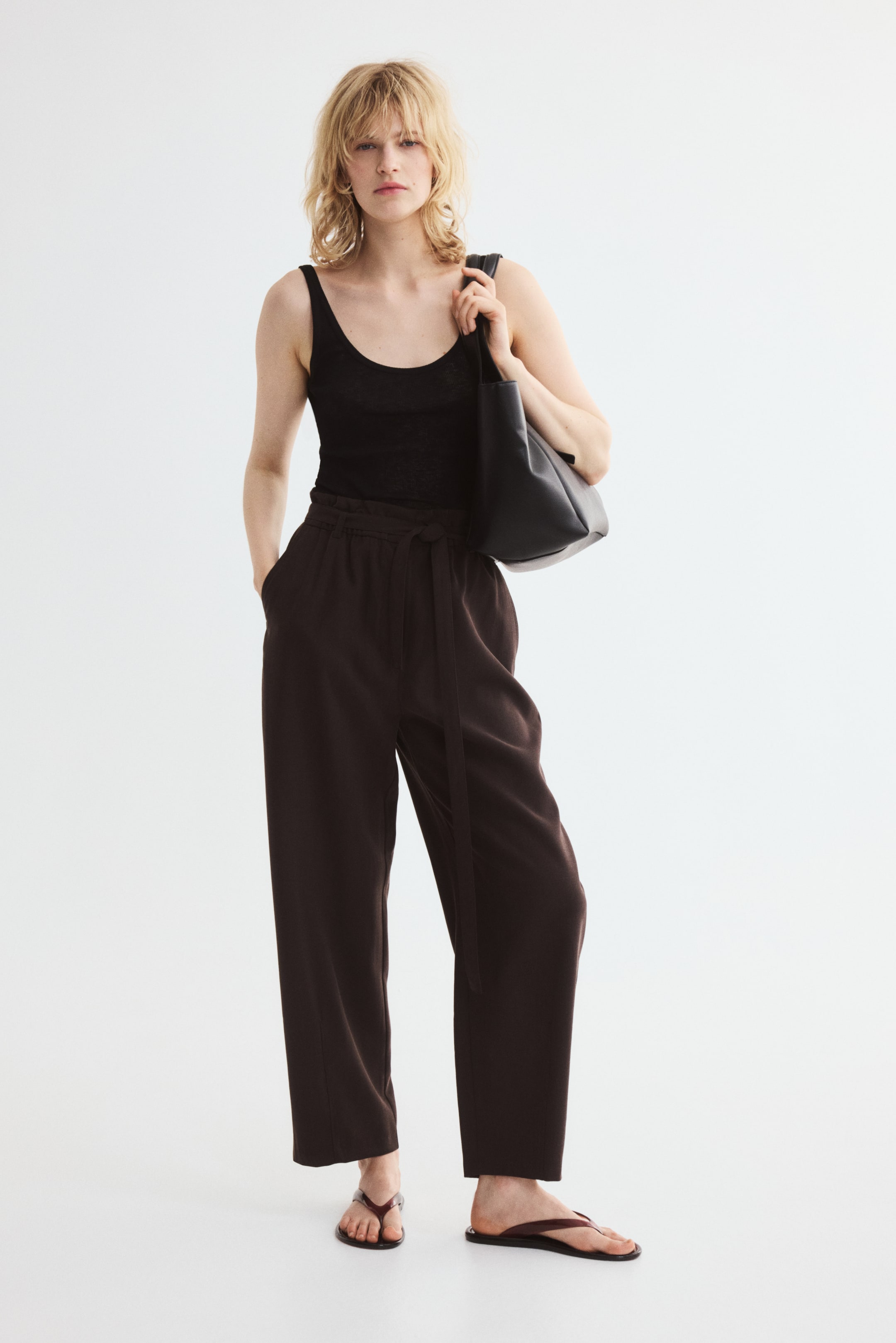 Tie-Belt Barrel-Leg Pants