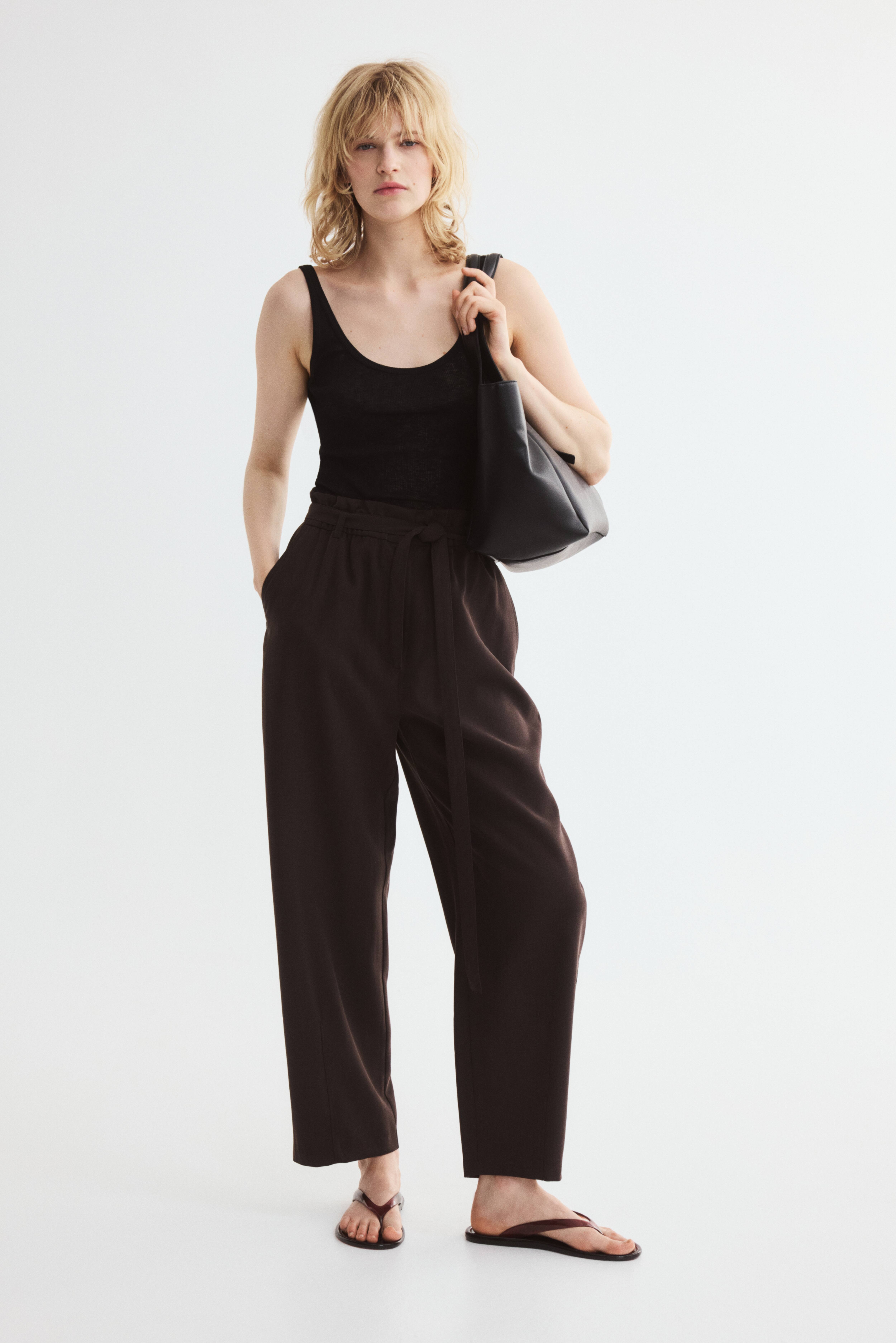 Tie-Belt Barrel-Leg Pants