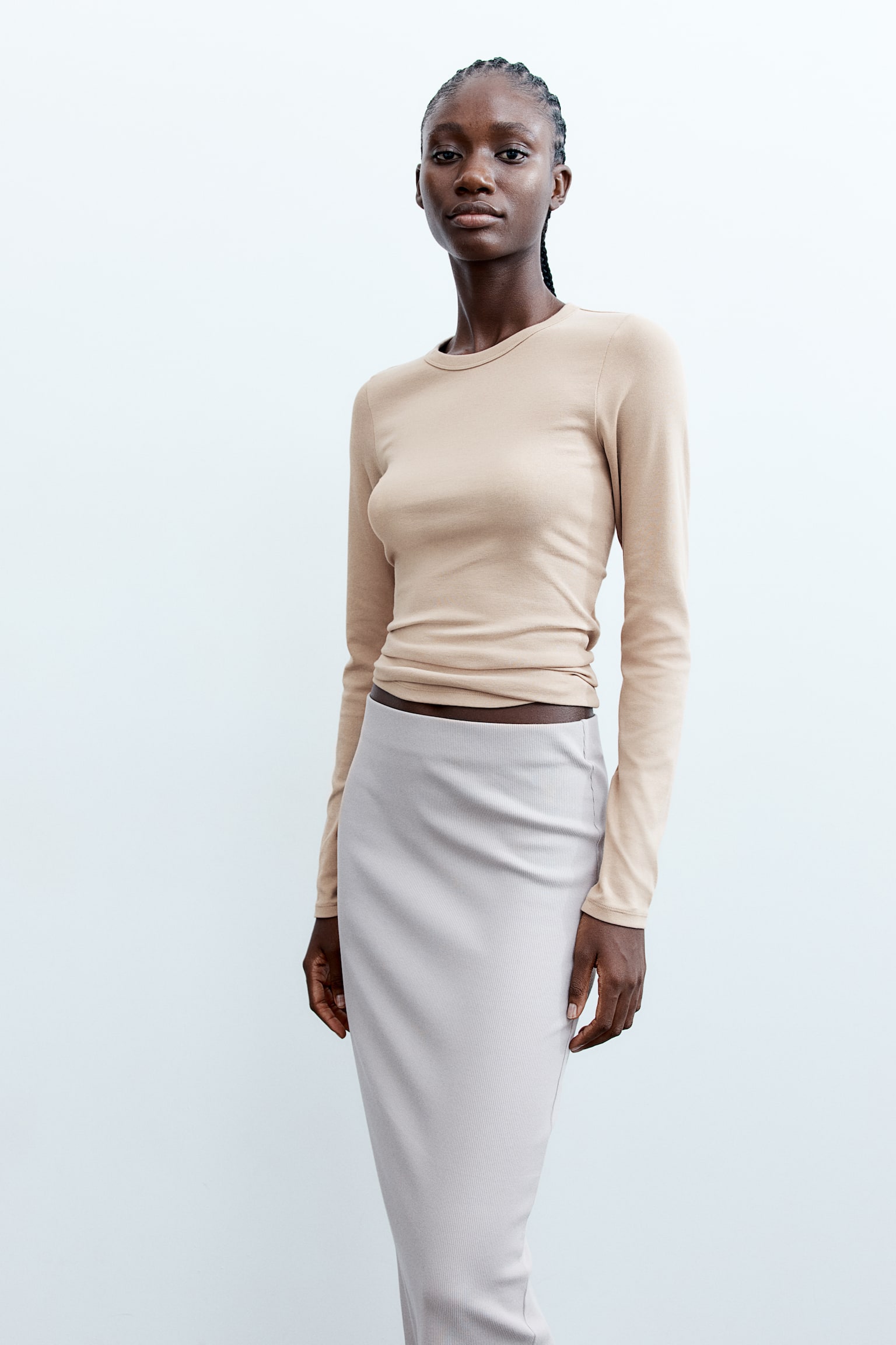 Long-sleeved jersey top - Light beige - 4