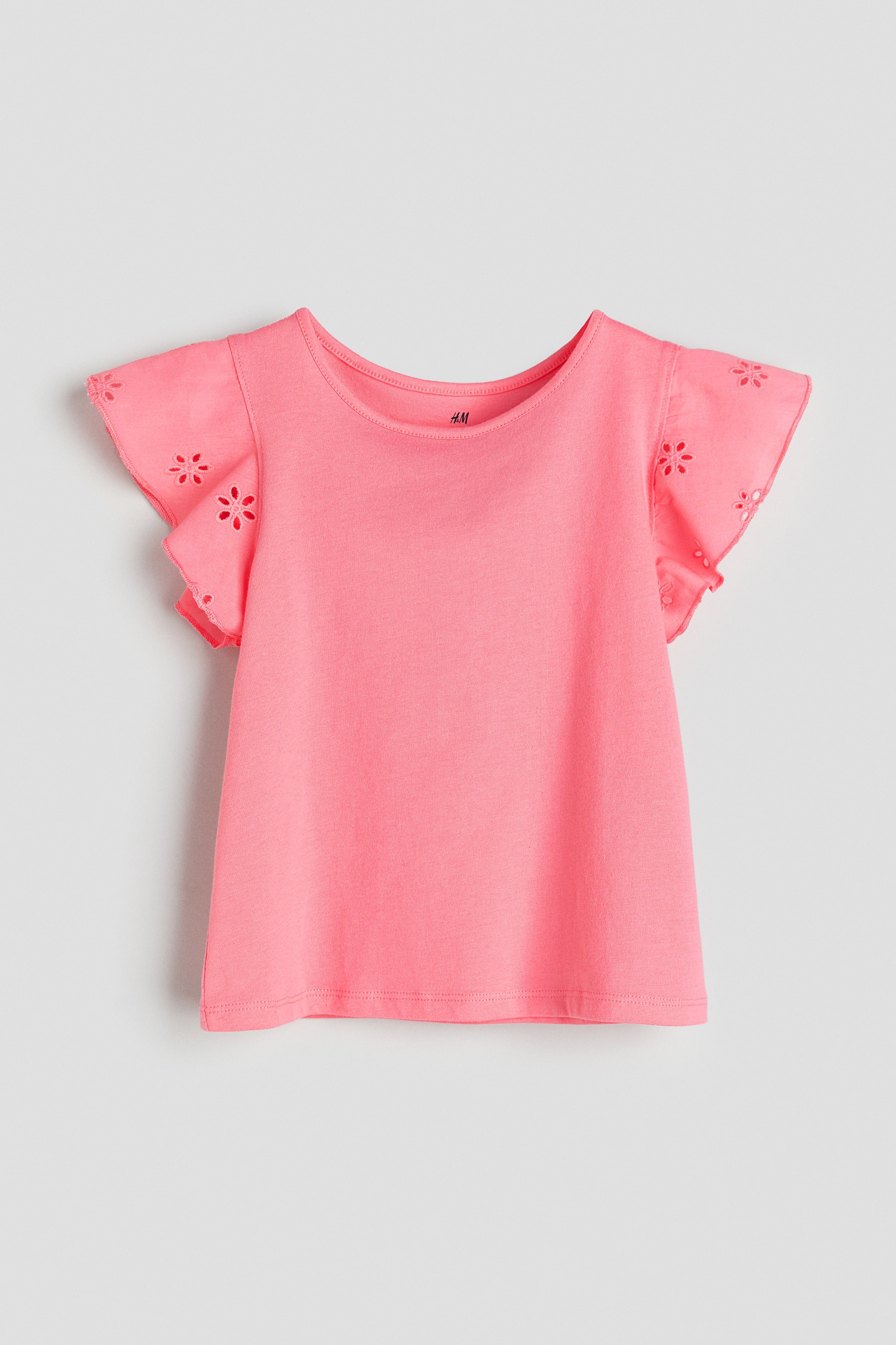 Jersey top with broderie anglaise - Round neck - Short sleeve 