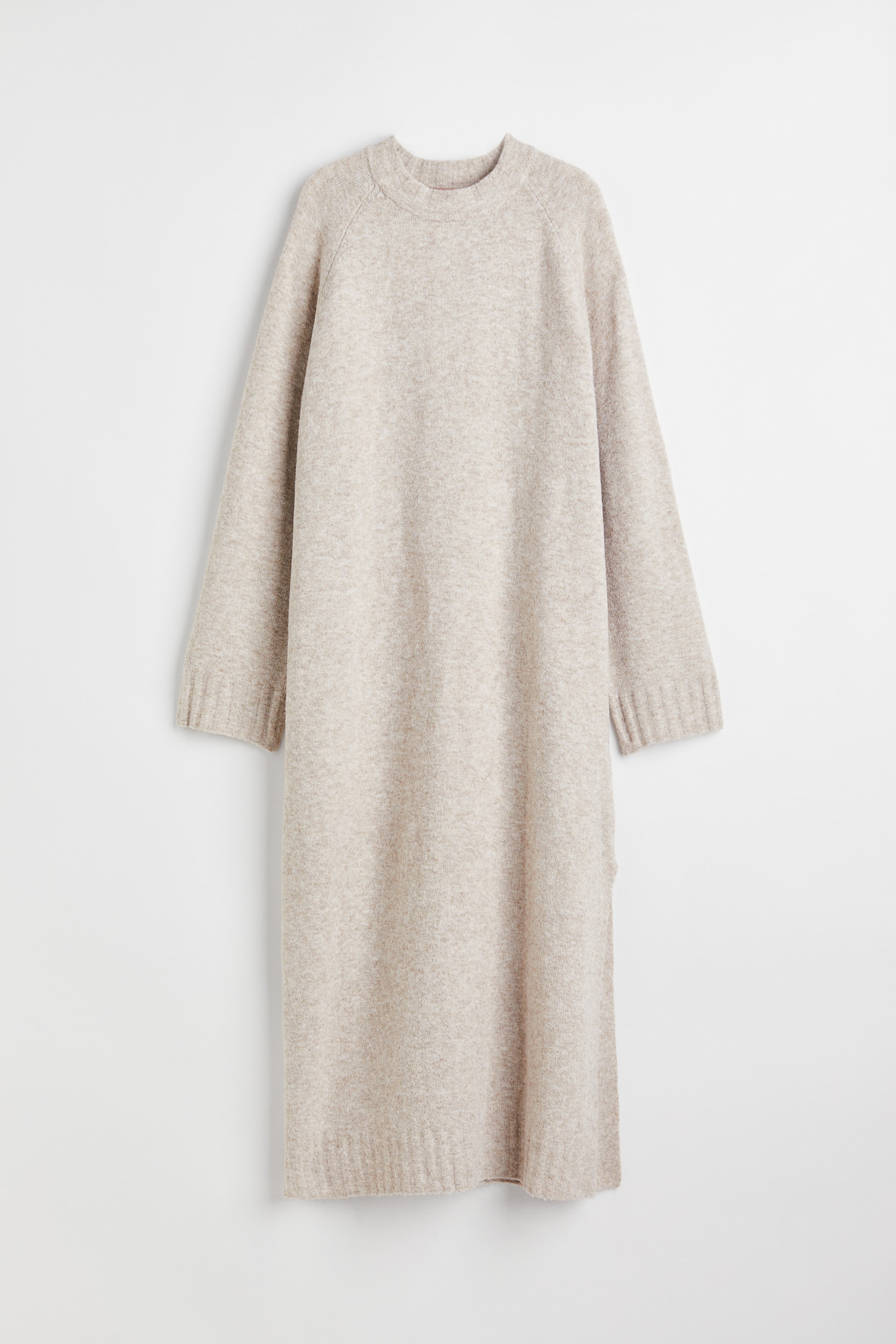 Knitted long dress - Round neck - Long sleeve - Beige marl - Ladies | H ...