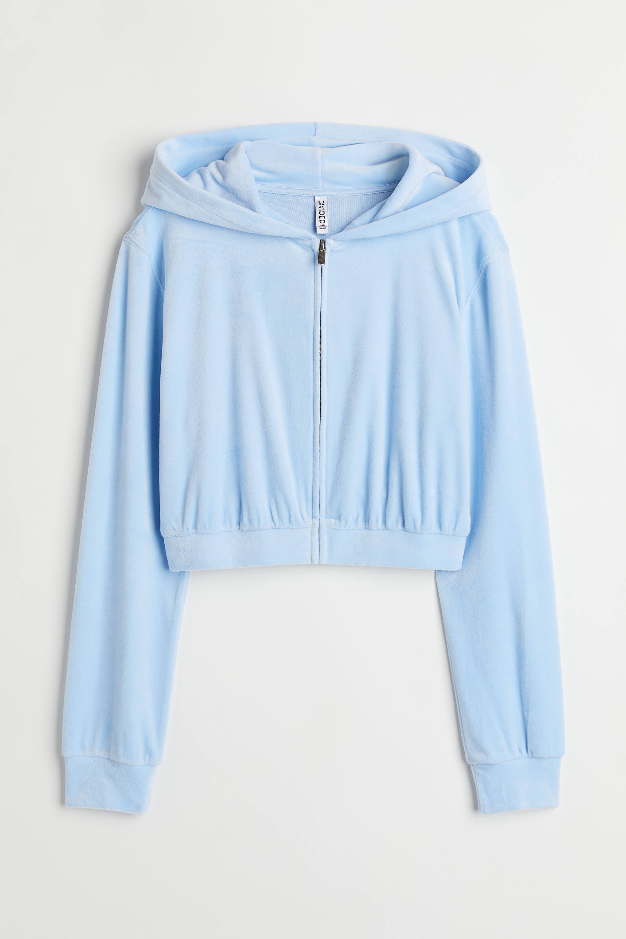 View larger image: Cropped velour zip-though hoodie - Light blue - Ladies | H&M 1