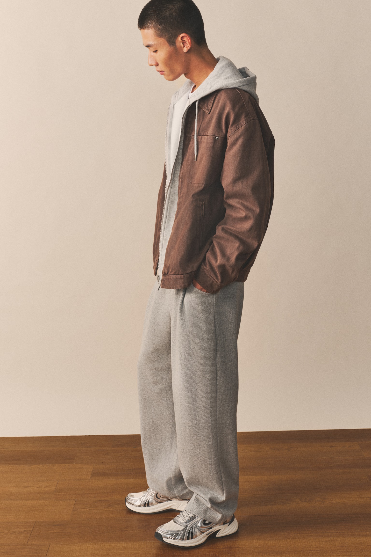 寬鬆剪裁丹寧工作外套 - 咖啡色/丹寧藍 - 8