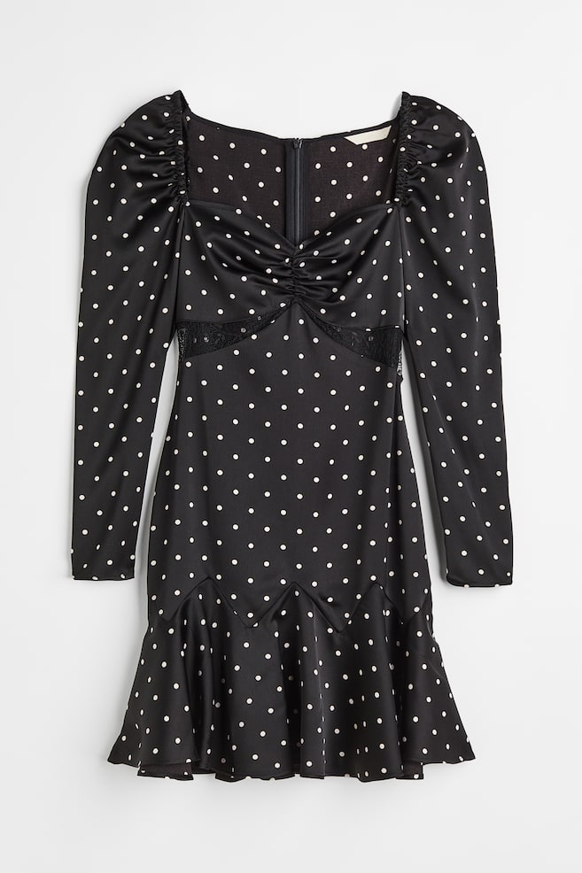 Lace-detail satin dress - Black/Spotted - 1