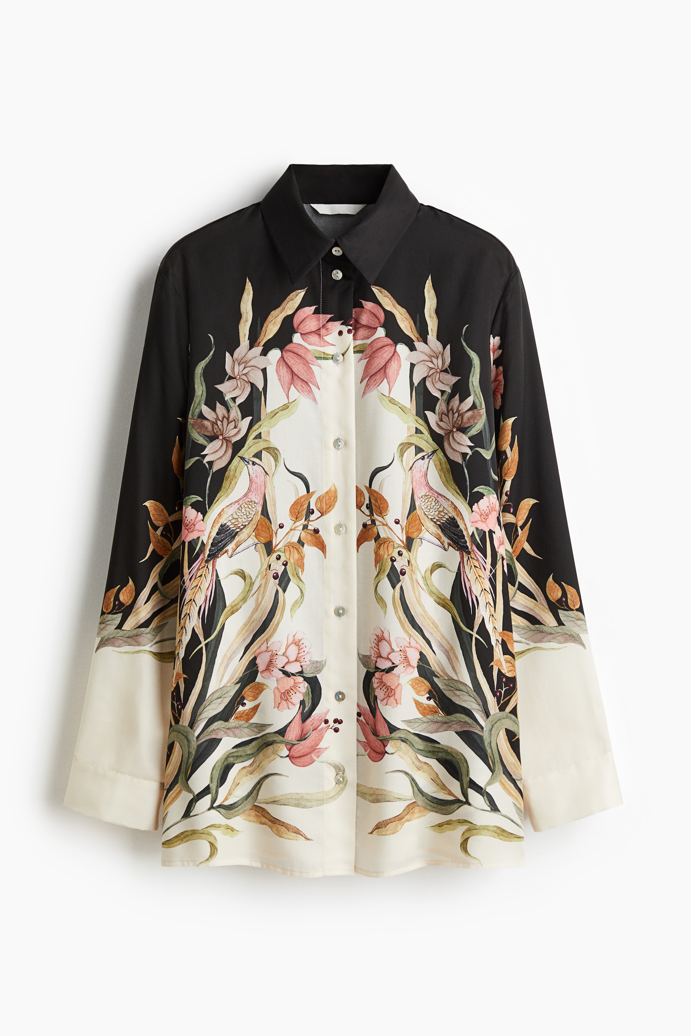 長版圖案襯衫 - 奶油色/花朵/黑色/花朵