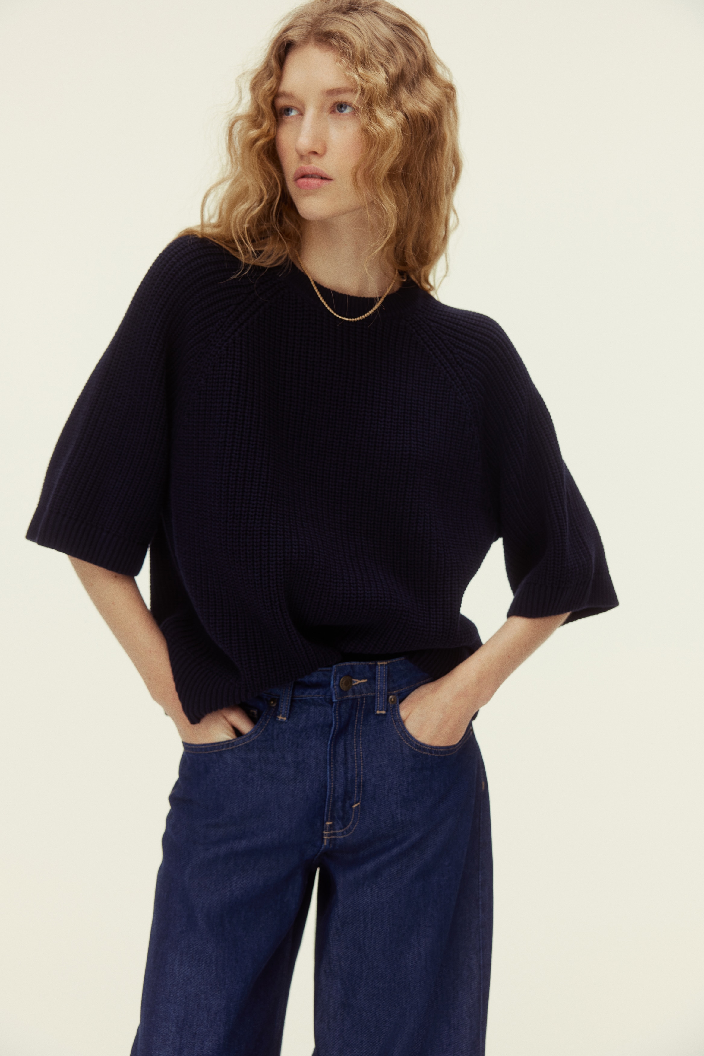 Top in maglia a coste - Blu navy/Beige/Rosso acceso