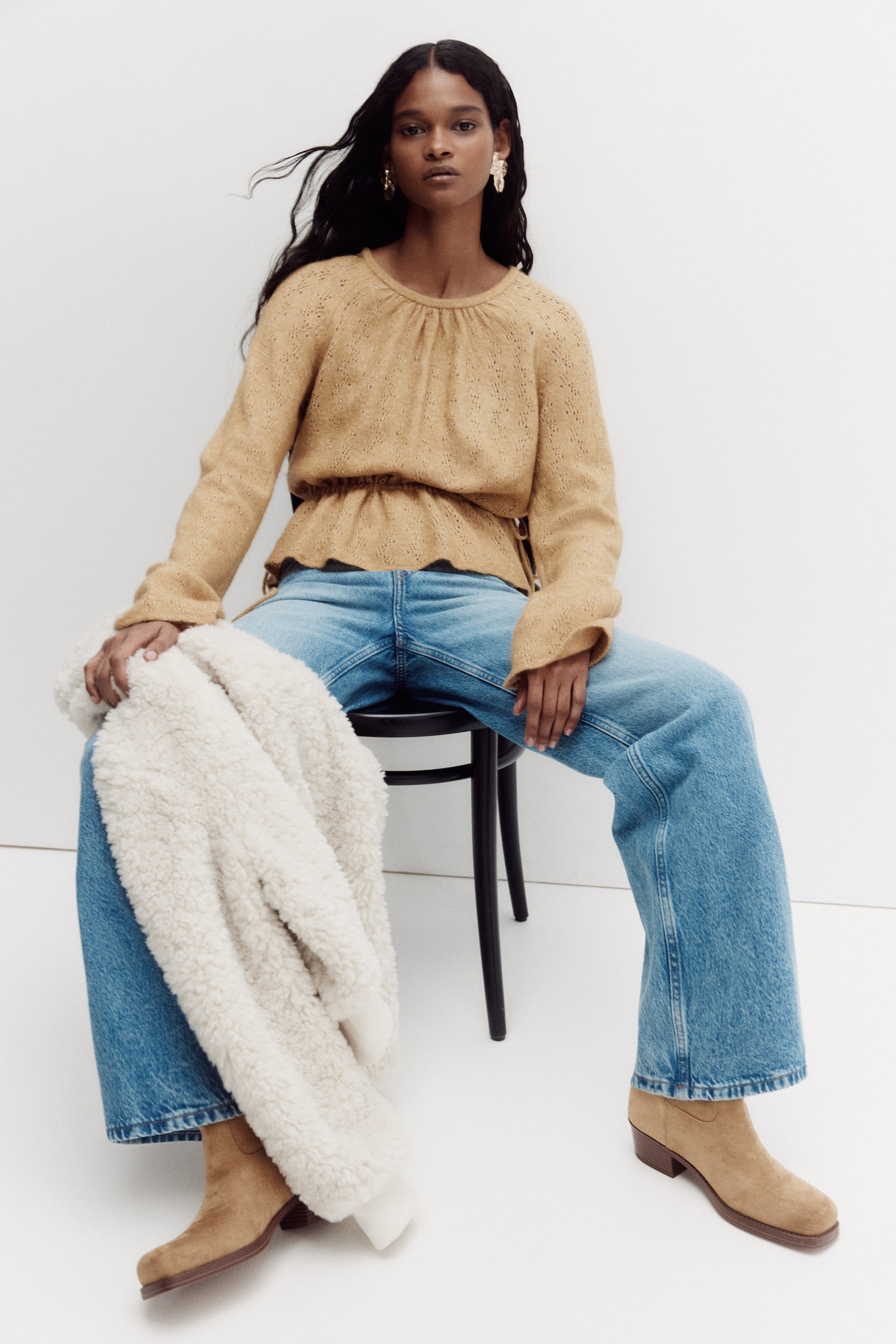 Pointelle-knit peplum top - Beige - 3