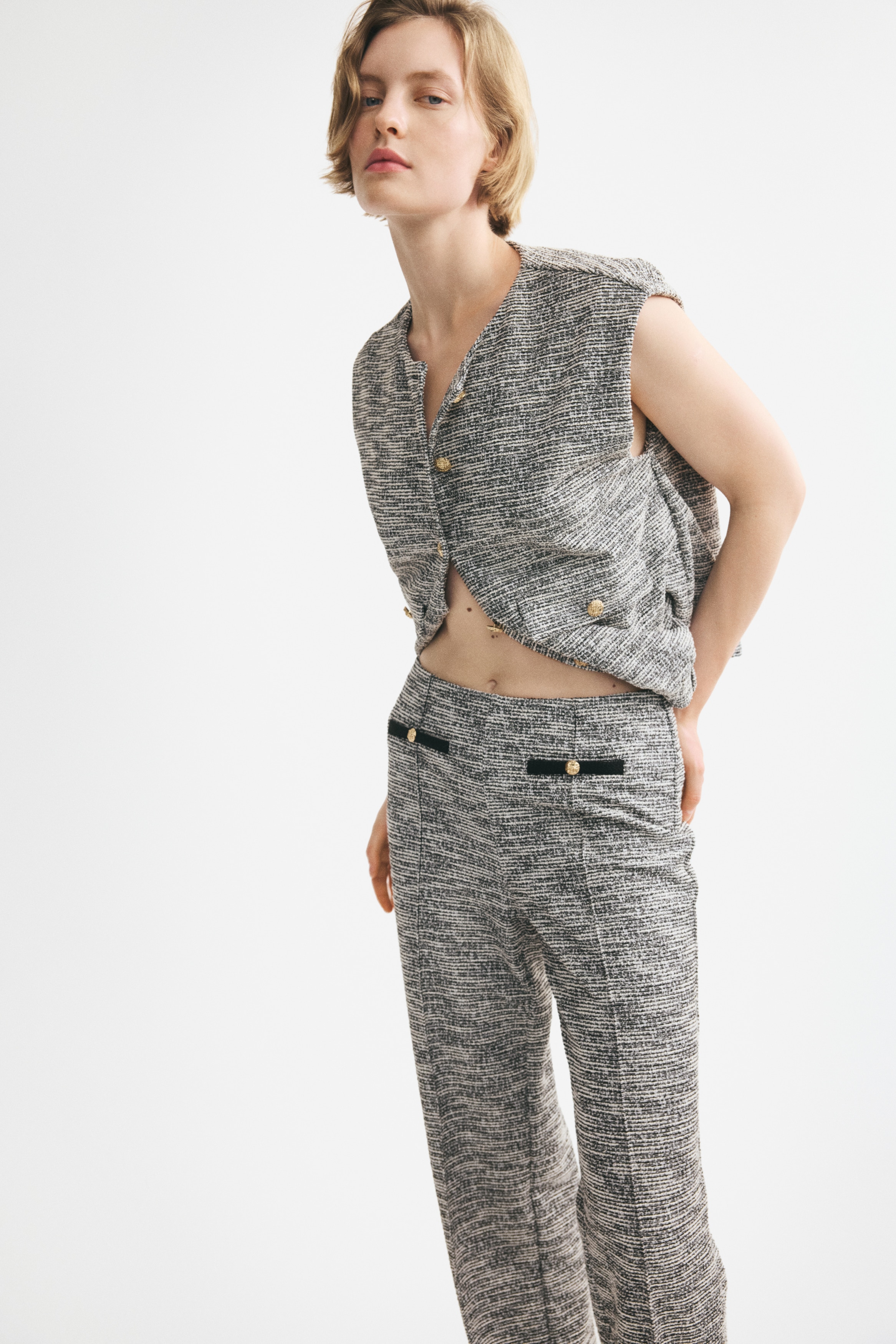Pull-on broek van gebreid bouclégaren - Dusty grey marl/Cream/Roomwit