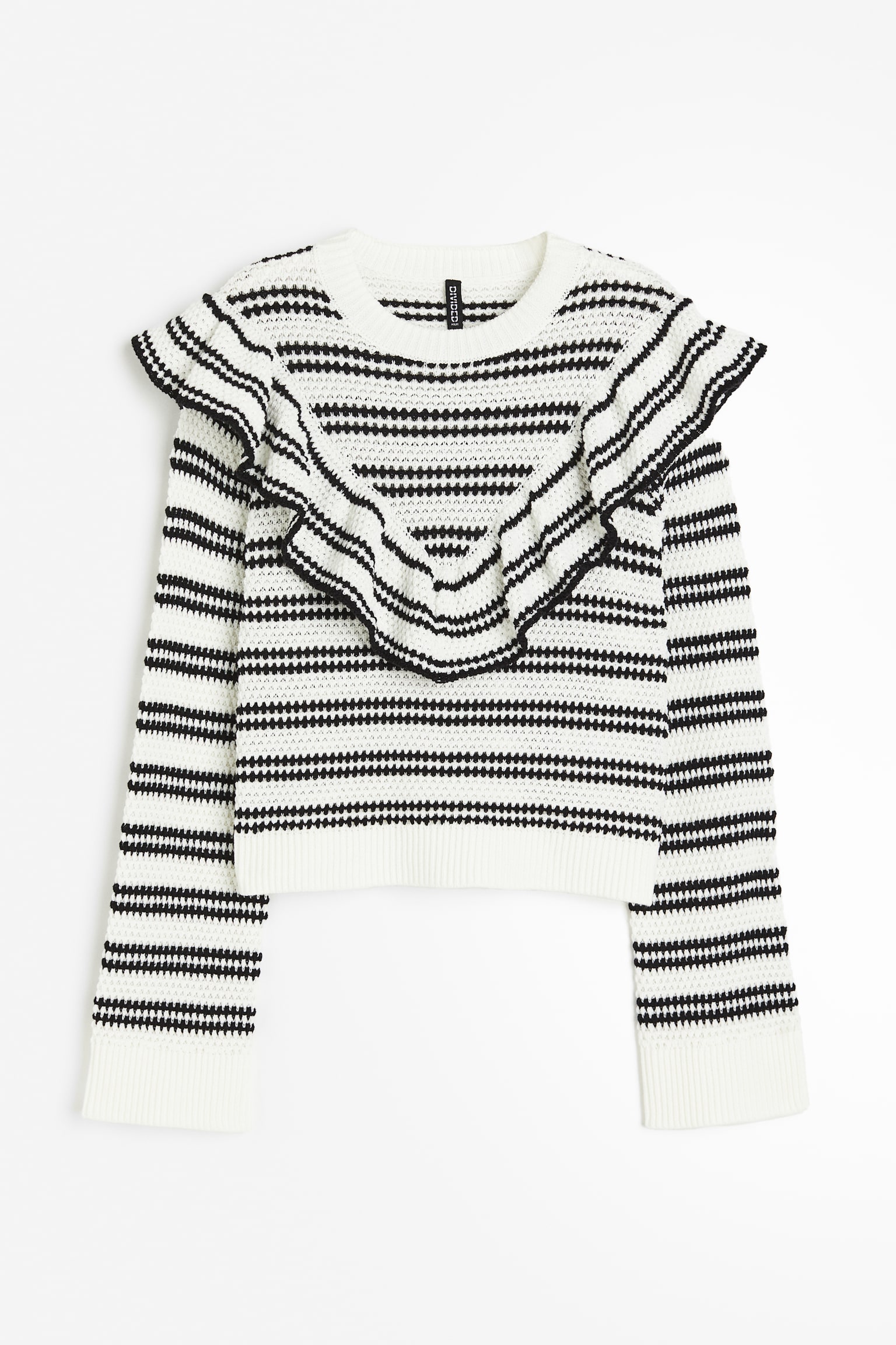 Frill-trimmed textured-knit jumper - White/Striped/Cream - 1