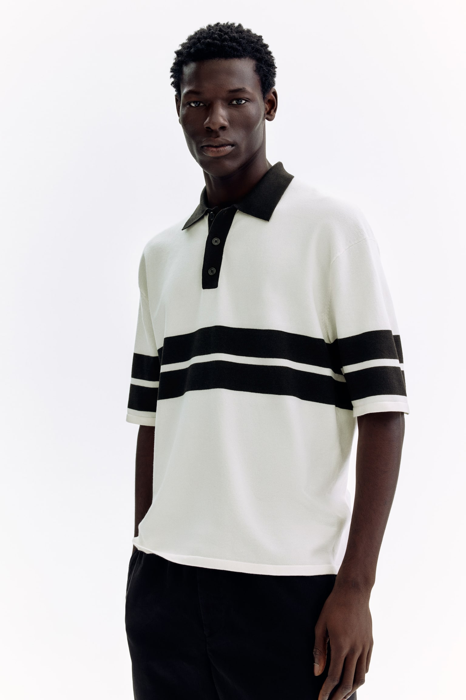 Loose Fit Knitted polo shirt - White/Black/Dark mole/Black - 6