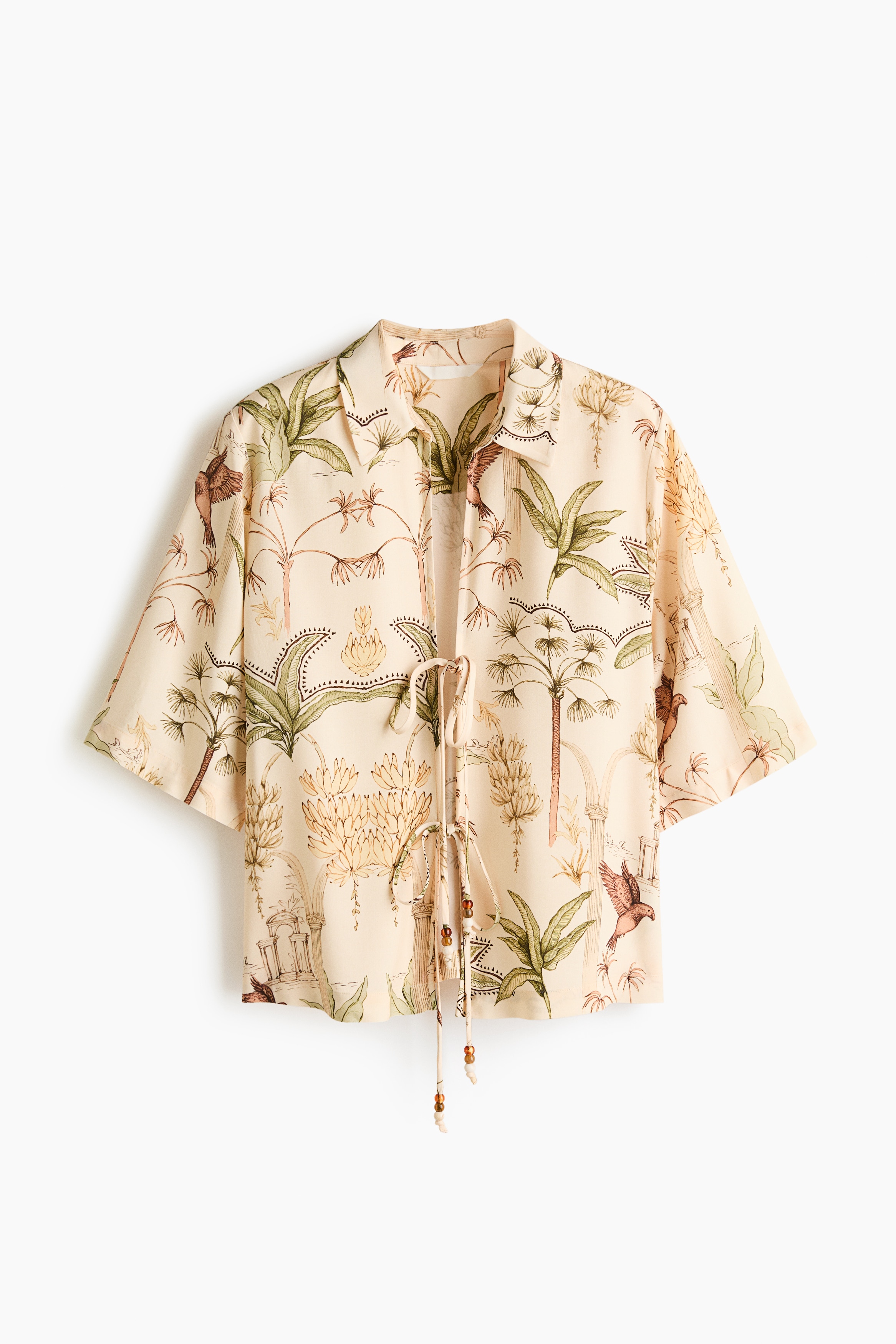 Tie-front viscose shirt - Pale yellow/Plants/Khaki green