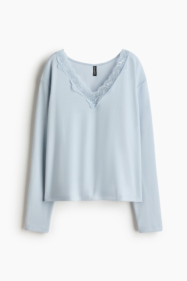 Top in maglia con bordo in pizzo - Light blue - 1