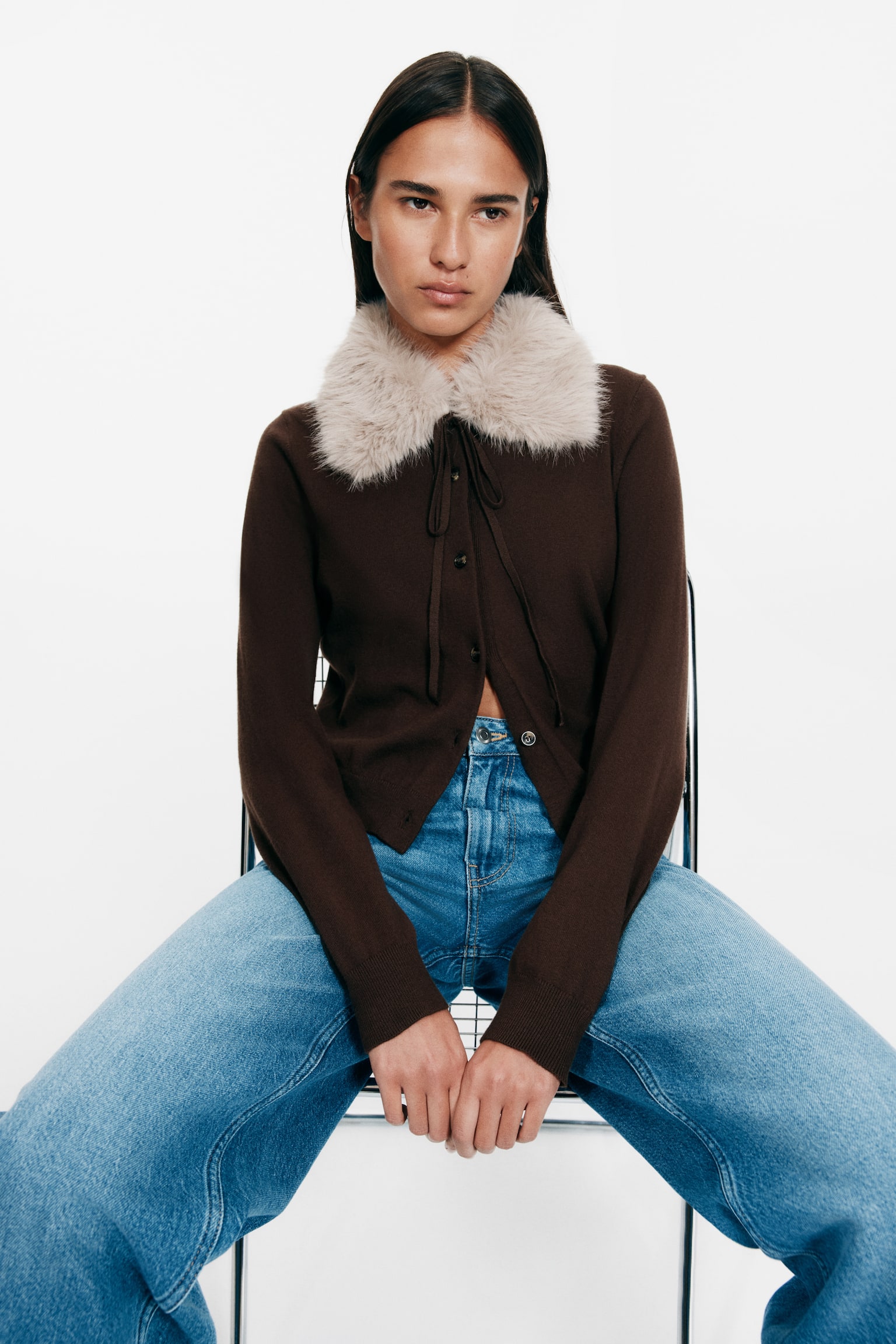 Collared cardigan - Dark brown/Light beige marl/Dark grey - 1